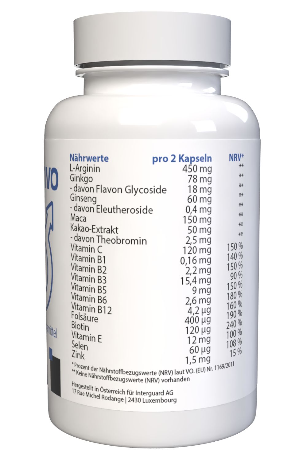Weiße Flasche, Rückseite. Nährwerttabelle: L-Arginin, Ginkgo, Ginseng, Maca, Kaka-Extrakt, Vitamine. Nahrungsergänzungsmittel.