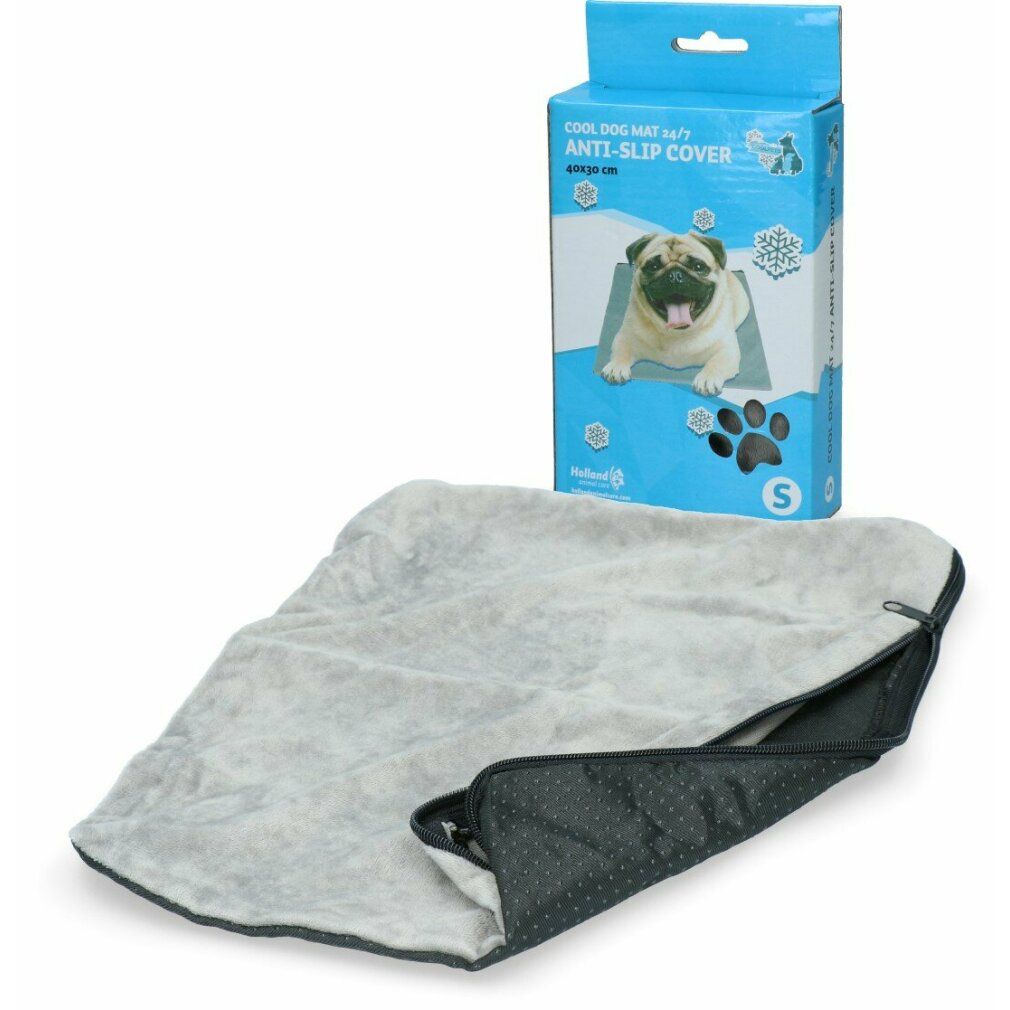 Kühlmatte für Hunde mit Anti-Rutsch-Bezug. Hellgrau, mit schwarzem Reißverschluss und Verpackung. Größe S.
