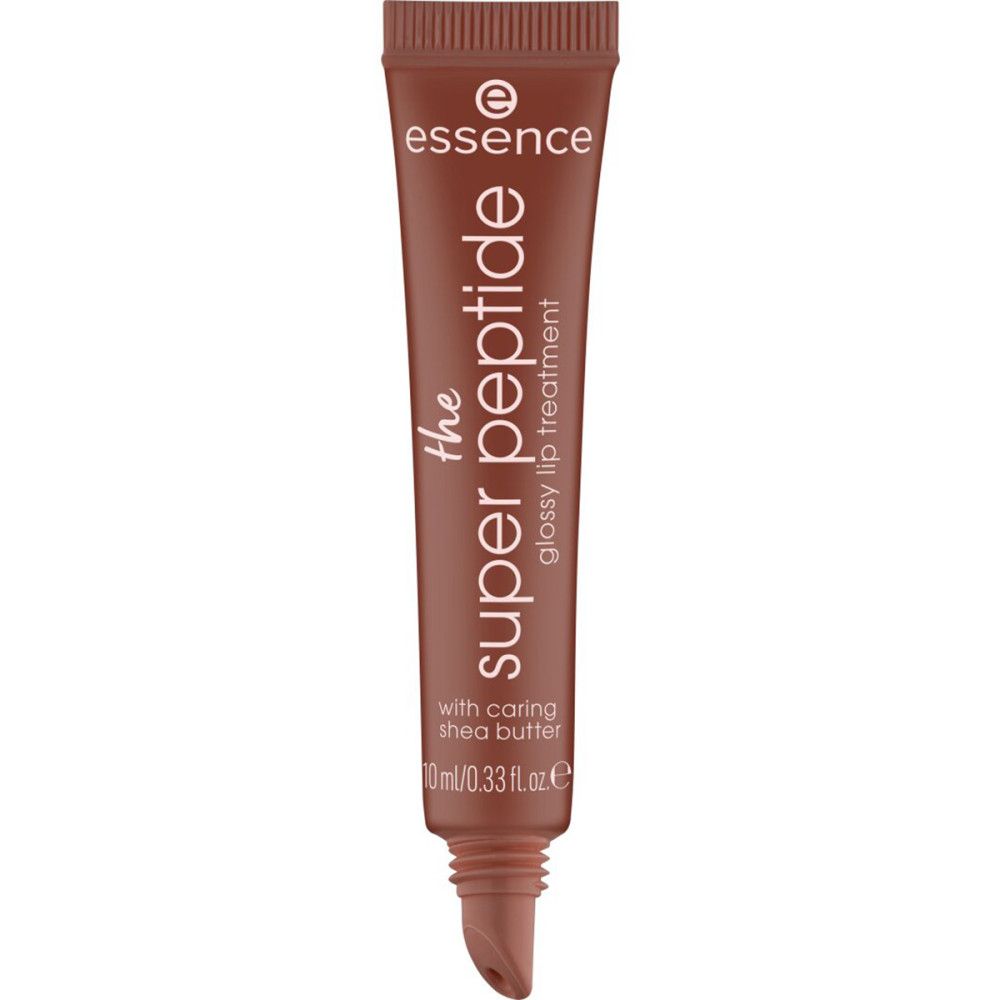 Braune Tube mit Produktnamen und Schriftzug. Enthält Shea Butter. Marke: Essence. Glossy Lip Treatment.