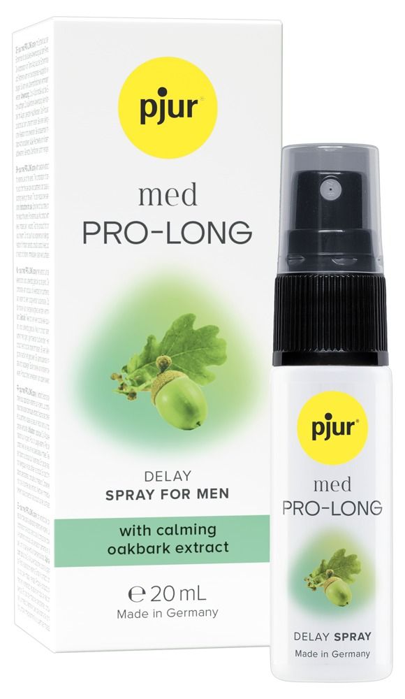 Weiße Flasche und Verpackung. Aufschrift: pjur med PRO-LONG, mit Eichenrindenextrakt. 20 ml. Mit Sprühkopf.