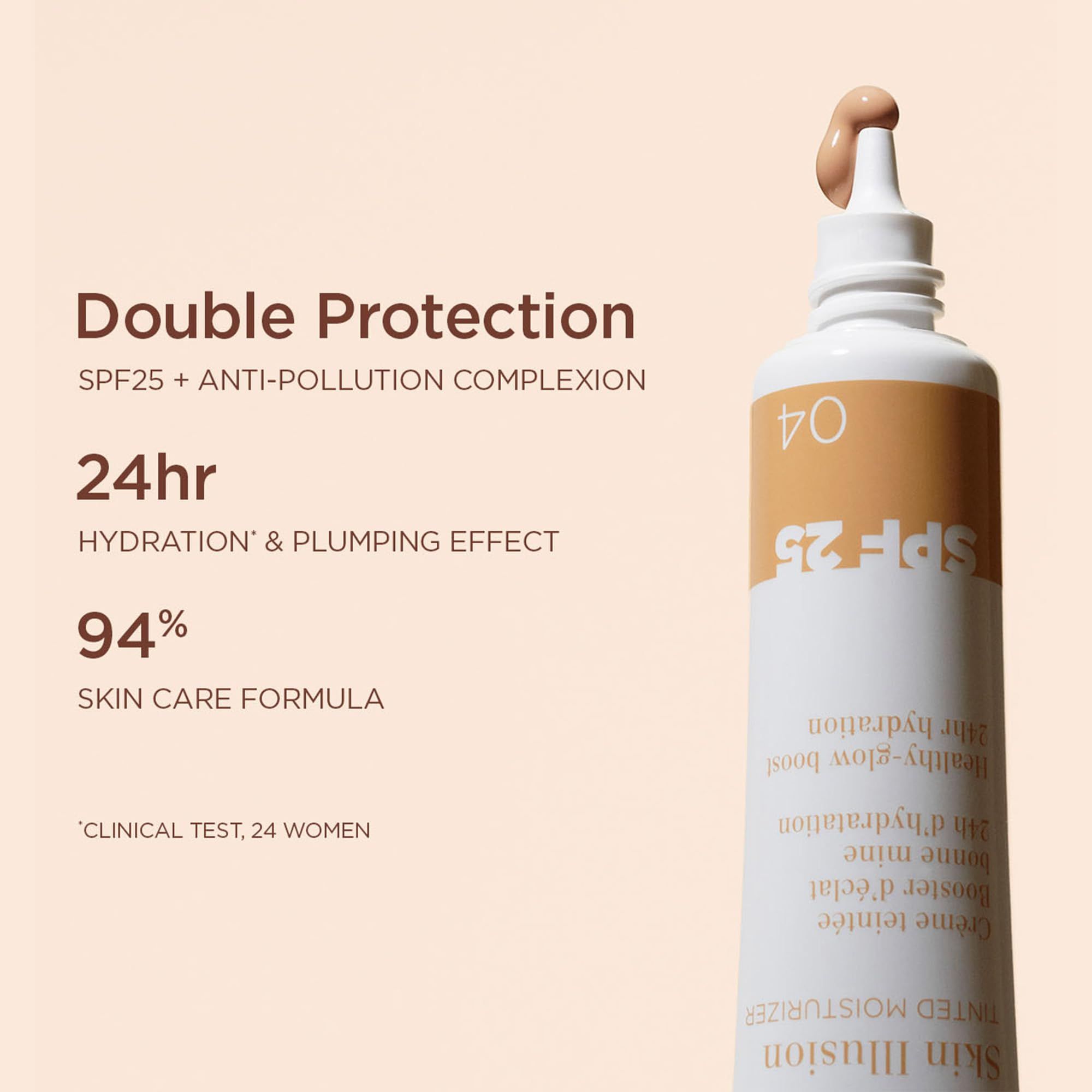 Weiß-beigefarbene Tube mit getöntem Produkt. Text: SPF25, 24hr Hydration, 94% Skin Care Formula.