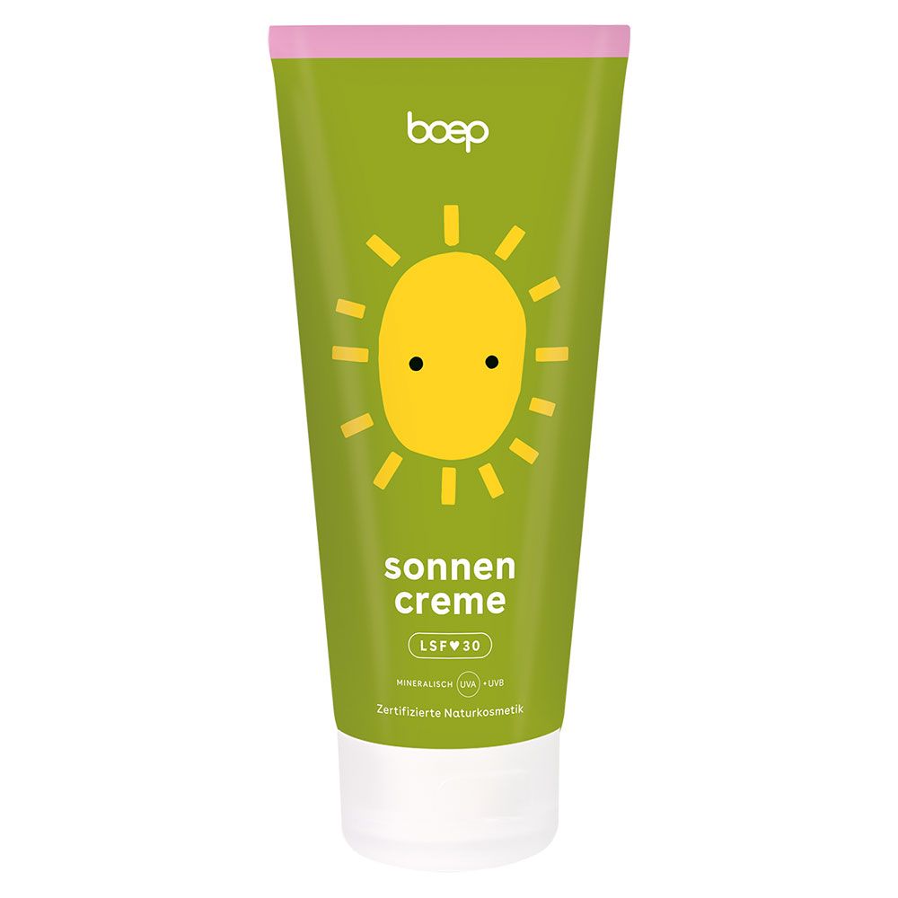 Grüne Tube Sonnencreme mit gelber Sonne. Text: Sonnencreme LSF30. Zertifizierte Naturkosmetik.
