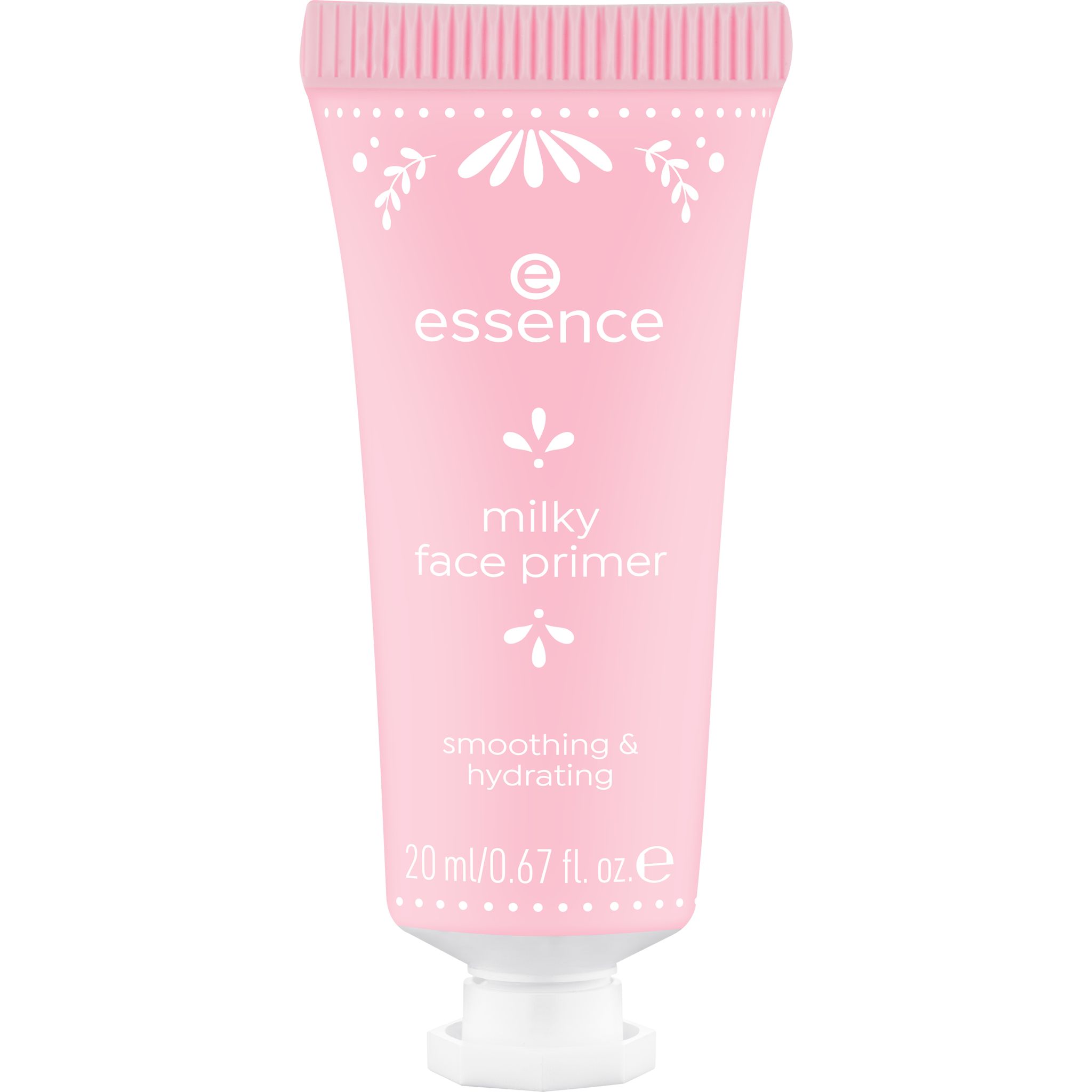 essence 'Milky Face Primer' in rosa Tube mit floralem Muster.