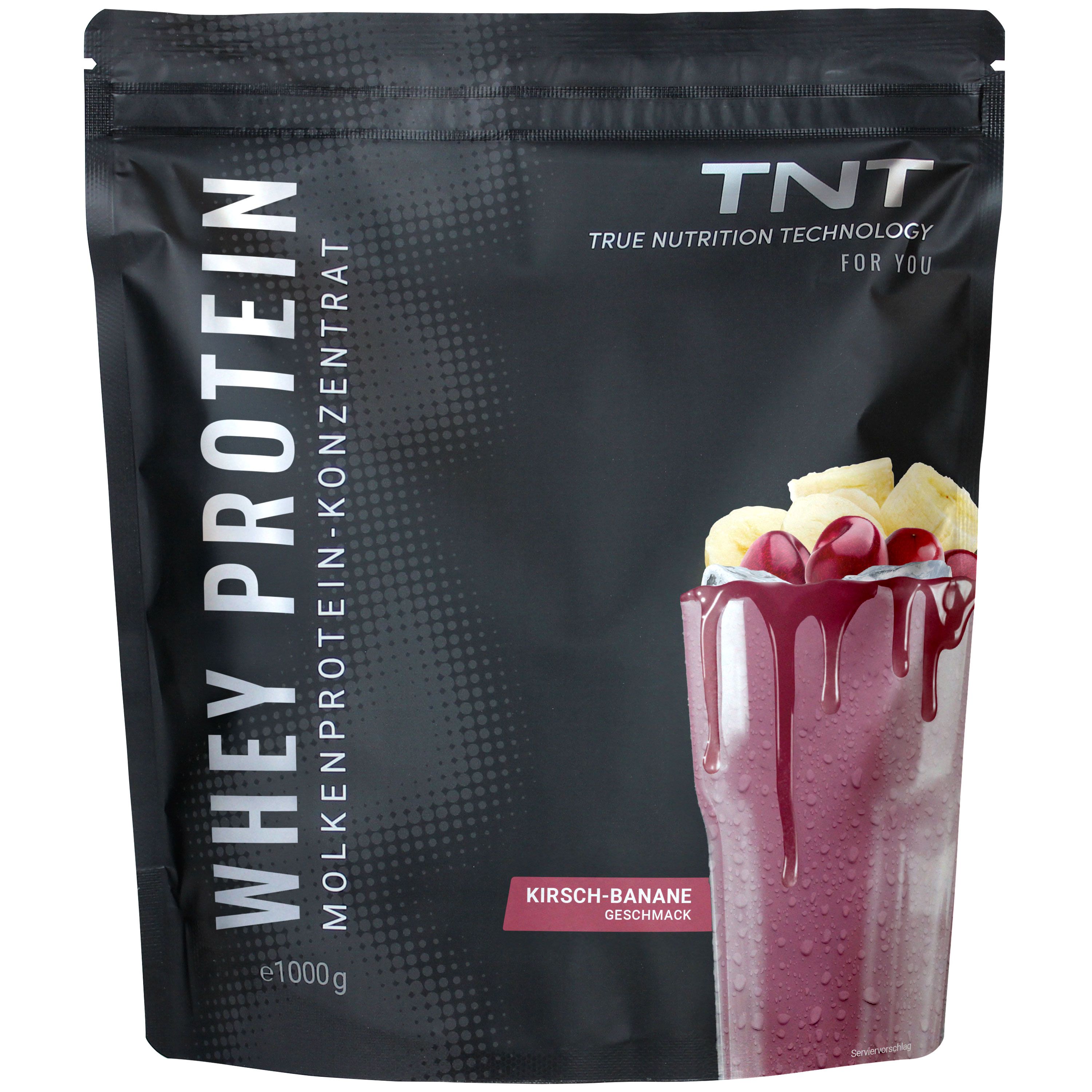 Schwarze Tüte mit TNT Whey Protein Konzentrat. Kirsch-Banane-Geschmack. Abbildung eines Shakes mit Kirschen und Banane.