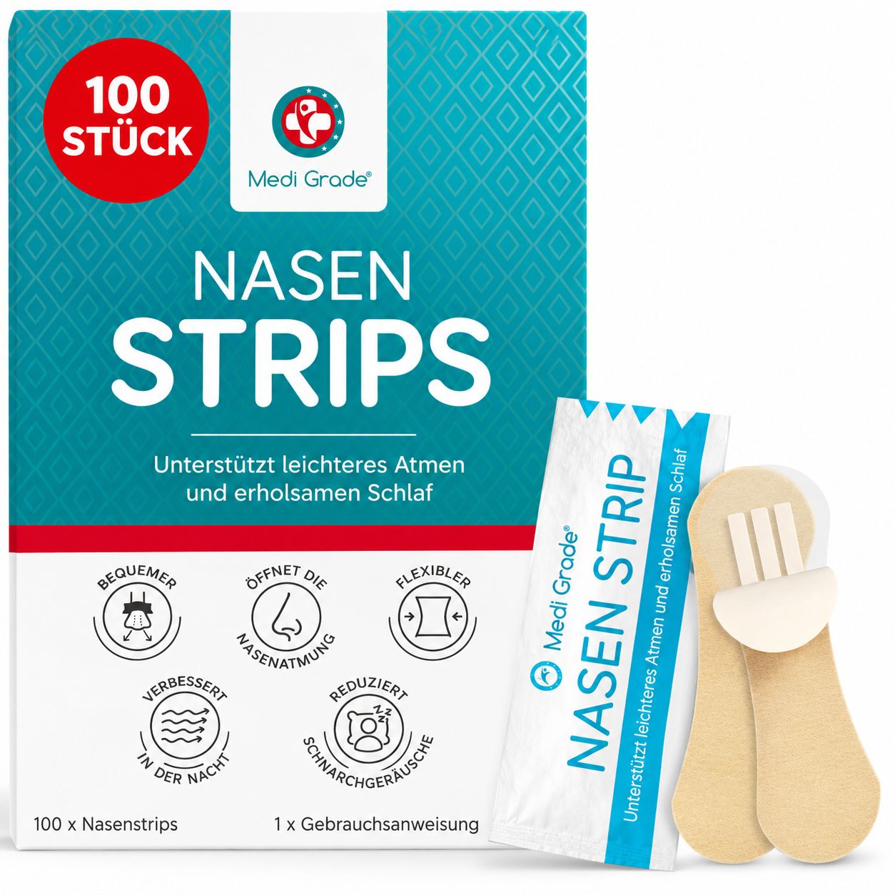 Medi Grade Nasenstrips zur Verbesserung der Nasenatmung und des Schlafs. 100 Stück.