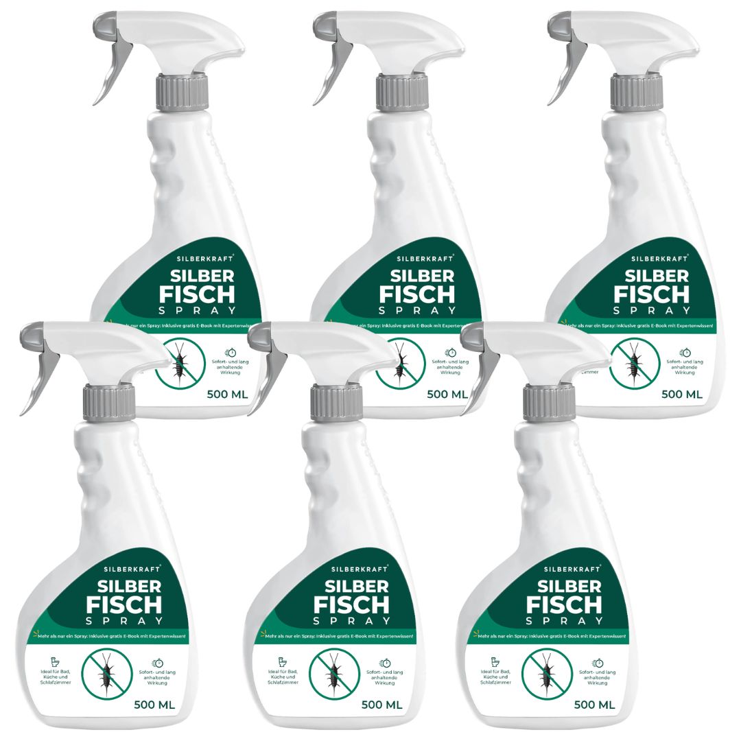 Sechs weiße Sprühflaschen mit silbernen Sprühköpfen, jeweils 500 ml, mit dem Etikett 'SILBER KRAFT SILBER FISCH SPRAY'.