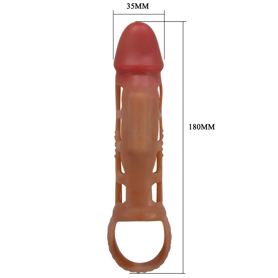 Penishülle, rot-braun, mit Ring und Gitterstruktur. Maße: 180mm x 35mm.