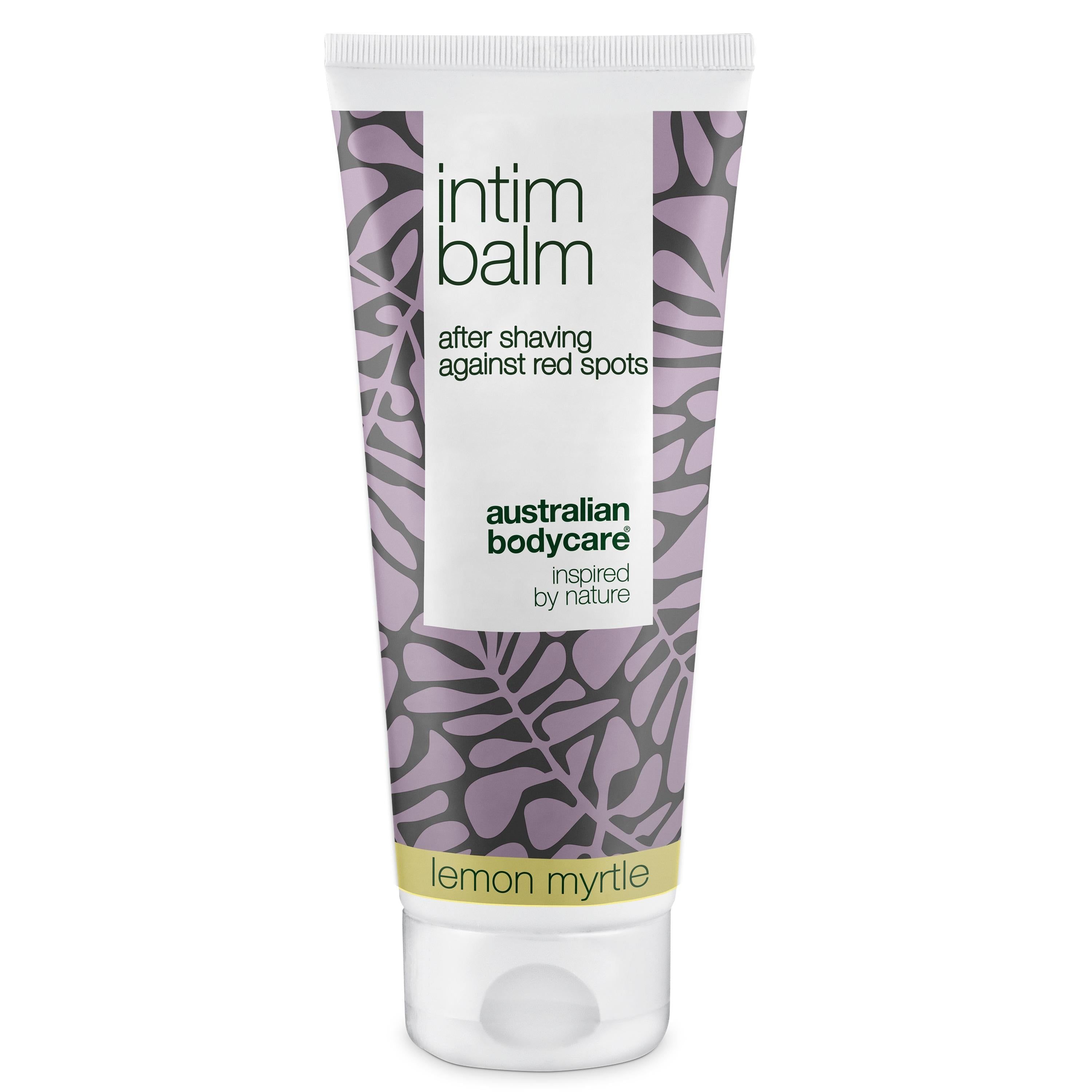 Tube mit Intimrasur Balsam. Weiß, lila Muster, Schriftzug. Marke: Australian Bodycare.
