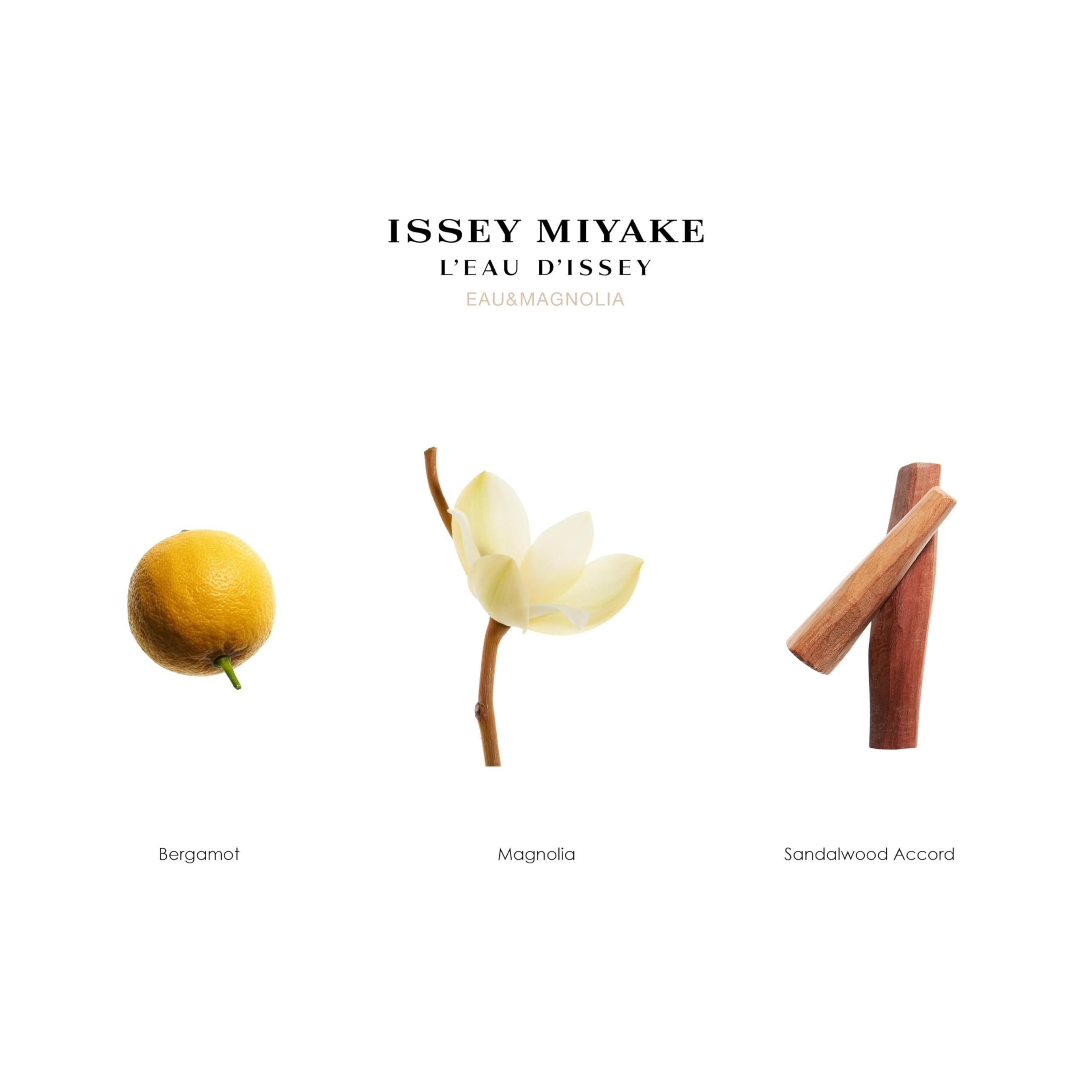Drei Elemente: Bergamotte, Magnolienblüte, Zimtstangen. Text: Issey Miyake, L'Eau d'Issey, Eau & Magnolia.