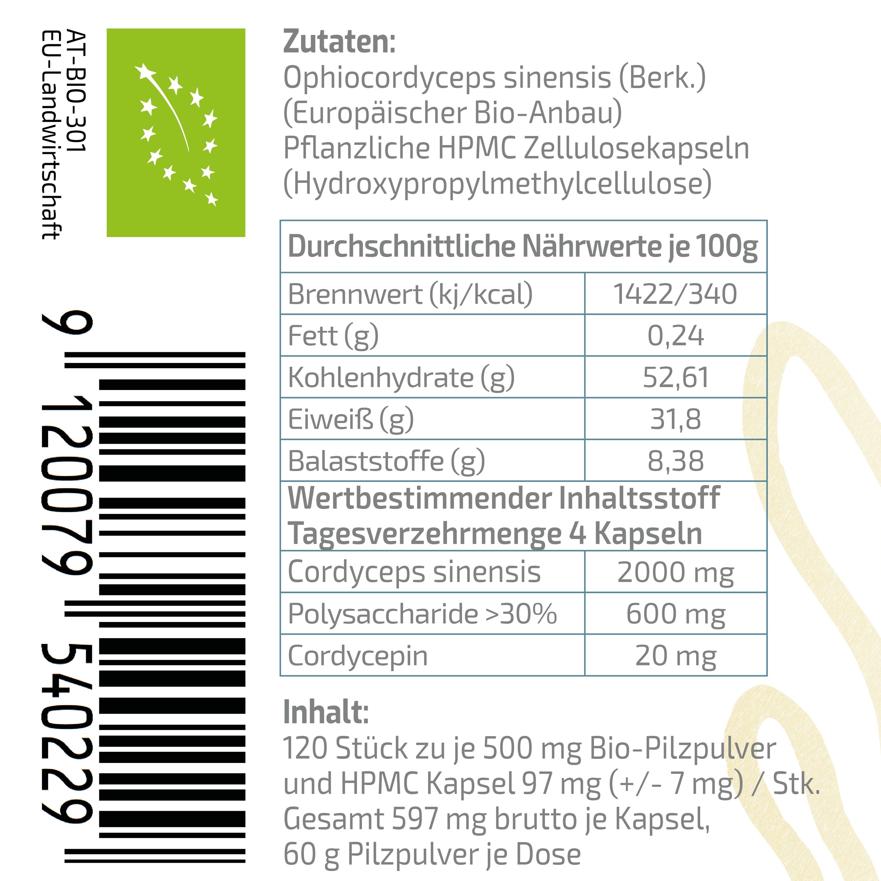 Rückseite der BEAUVITAL® Pure Bio Cordyceps Gold Verpackung mit Zutatenliste und Nährwertangaben.