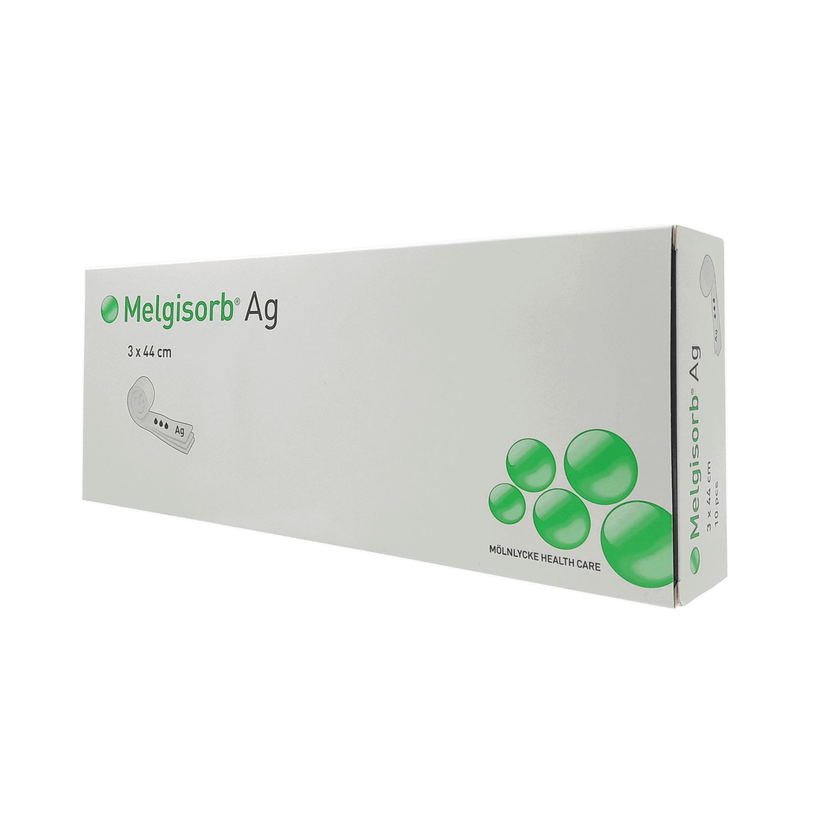 Melgisorb® Ag Verpackung, Seitenansicht. Aufschrift: 3 x 44 cm. Logo und Produktname. Illustration des Produkts.