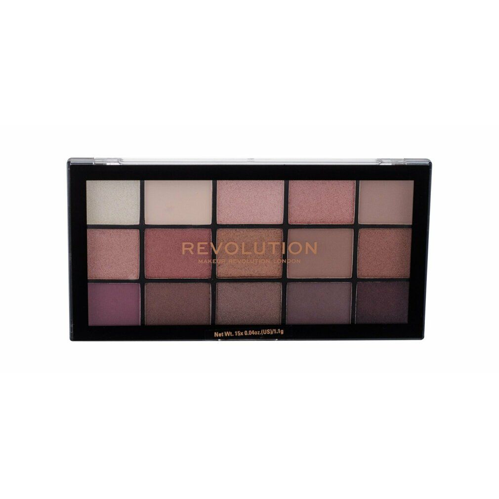 Palette Revolution Re-Loaded Iconic 3.0. Schwarze Palette mit 15 Lidschattenfarben in verschiedenen Tönen. Marke sichtbar.