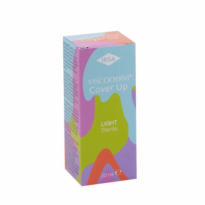 Kartonverpackung mit Logo und Text. Aufschrift: Viscoderm Cover Up Light. Volumen: 20 ml. Steriel.
