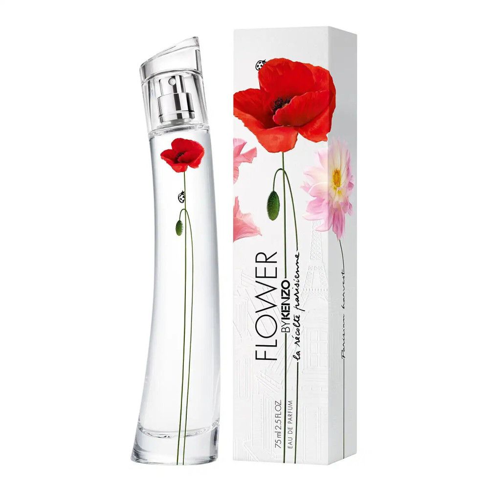 Parfümflakon mit roter Mohnblüte und Verpackung. Aufschrift: FLOWER BY KENZO la récolte parisienne. 75 ml Eau de Parfum.