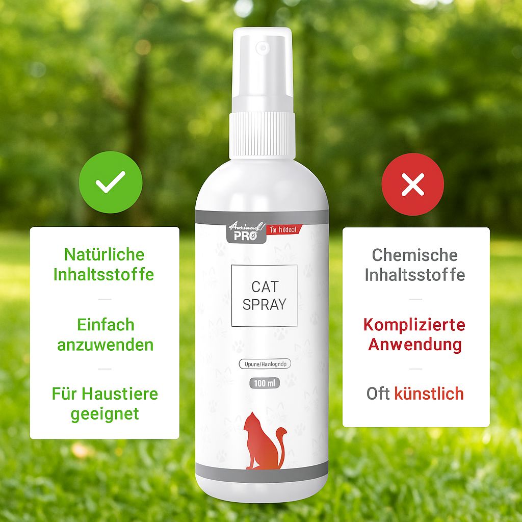 Weiße Sprühflasche mit "CAT SPRAY"-Aufdruck. Roter Katzen-Umriss. 100 ml. "Animal Pro"-Logo. Text: Natürliche Inhaltsstoffe.