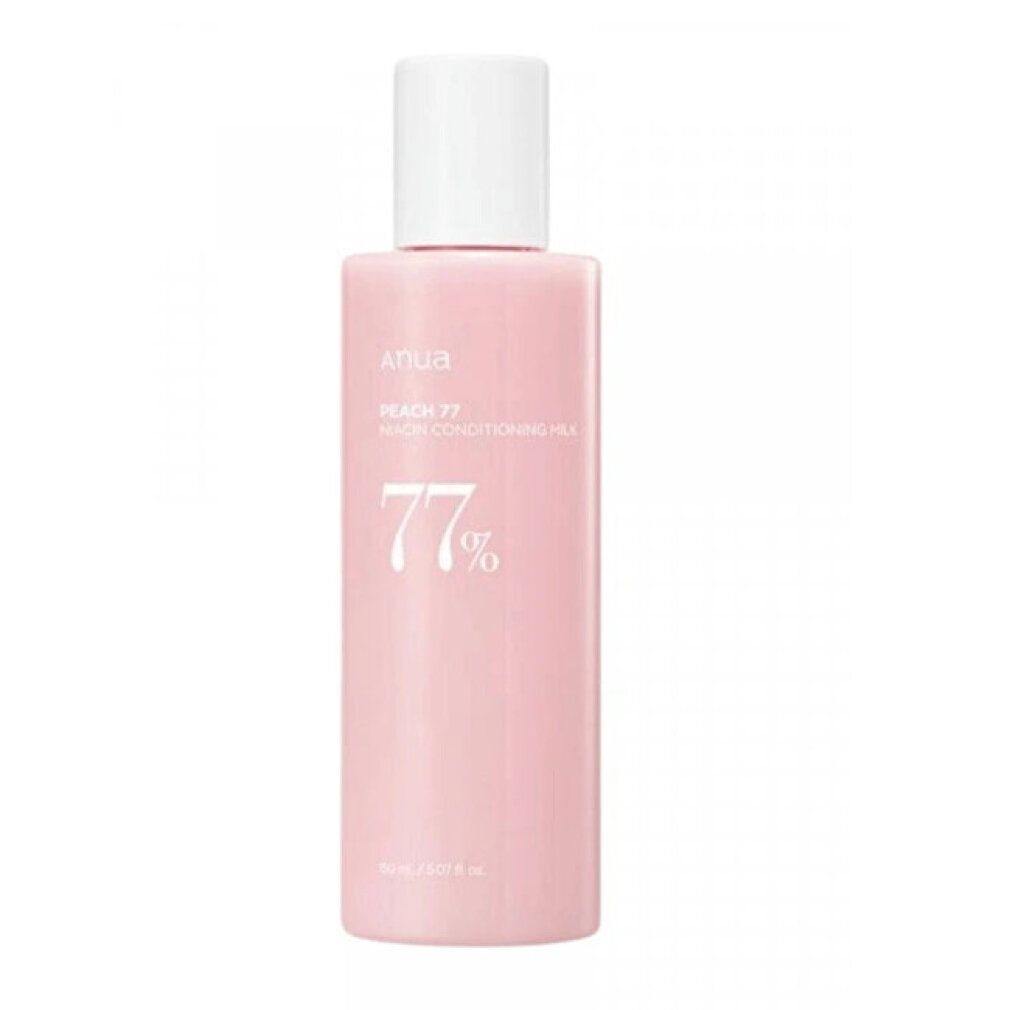 Rosa Flasche mit weißem Deckel, Aufschrift 'ANUA Peach 77 Niacin Conditioning Milk'.