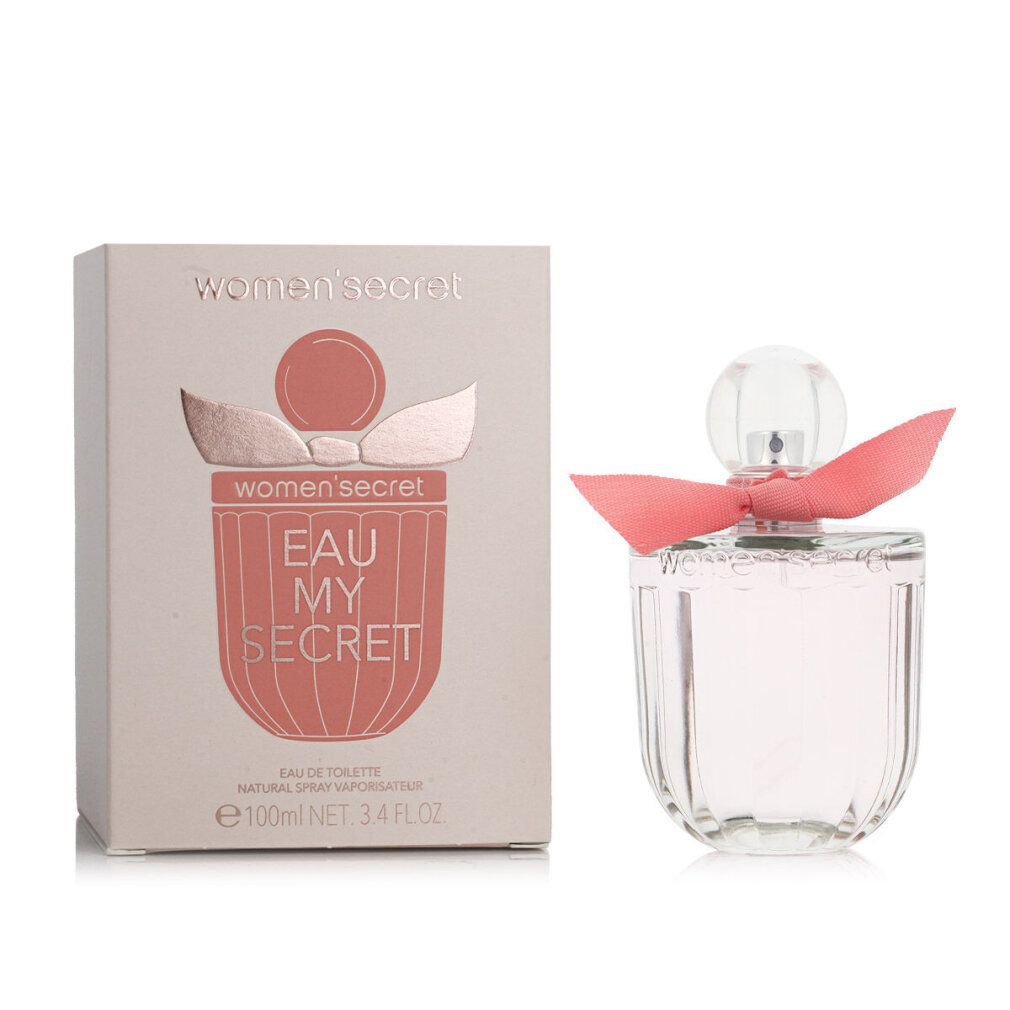 Flakon und Verpackung. Flakon mit rosa Schleife. Verpackung mit Logo und Schriftzug "EAU MY SECRET".