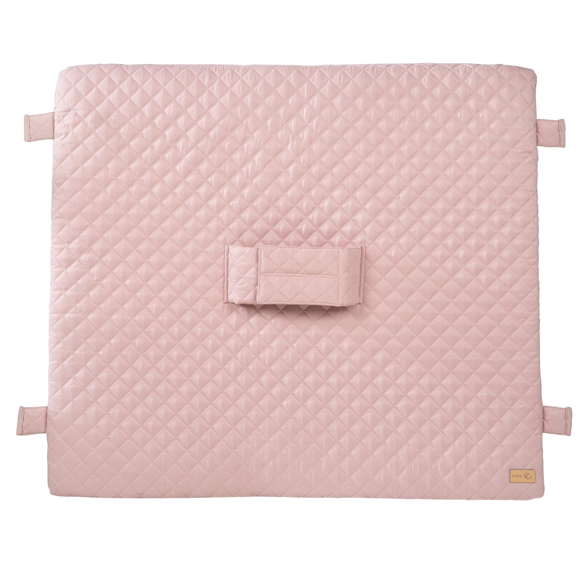 Rosa Wickelauflage mit Steppung, rechteckig. Mit Befestigungslaschen und einem gepolsterten Bereich in der Mitte.
