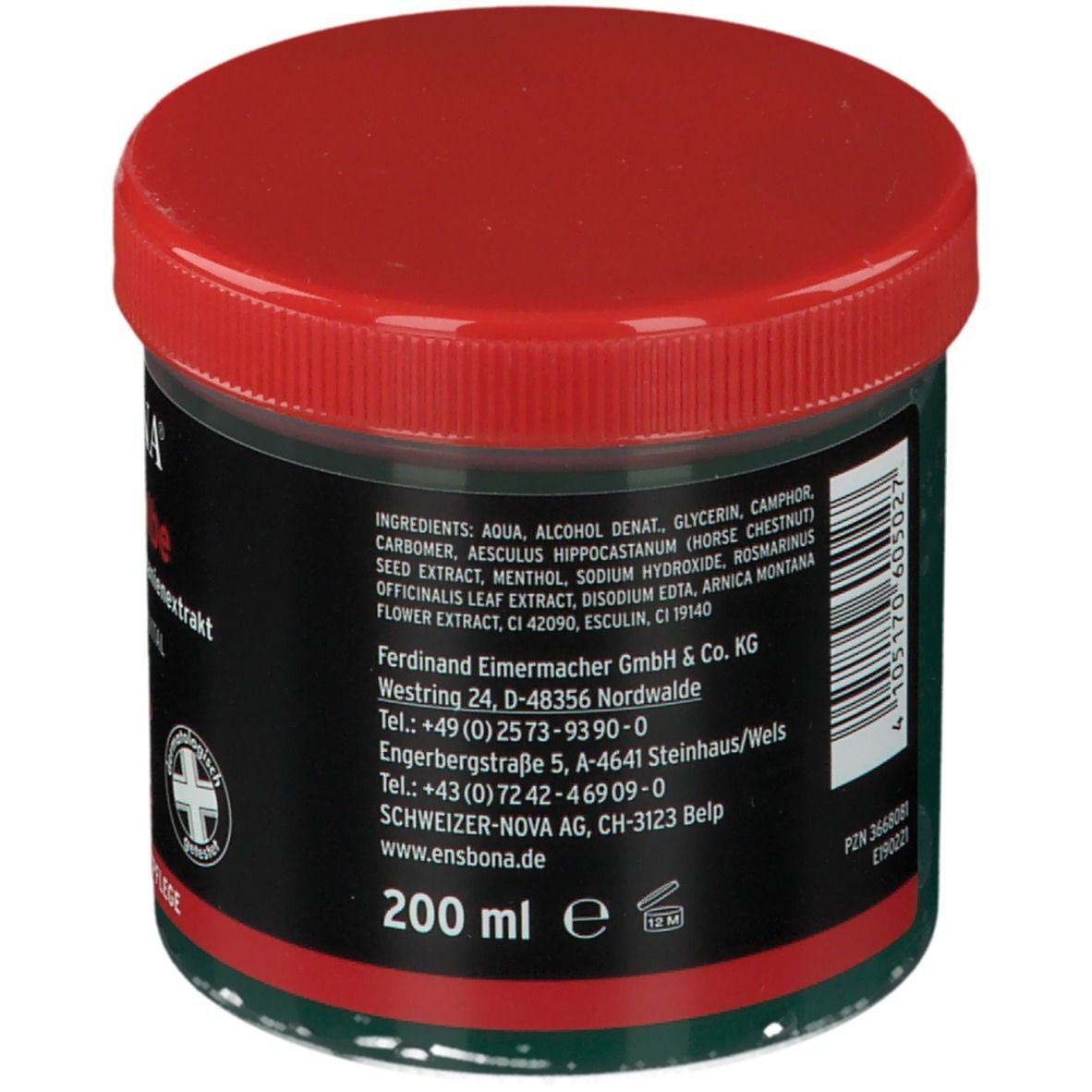 Dose Ensbona Pferdesalbe, roter Deckel, grüne Dose. Rückseite mit Inhaltsstoffen, Herstelleradresse und Kontaktinformationen.