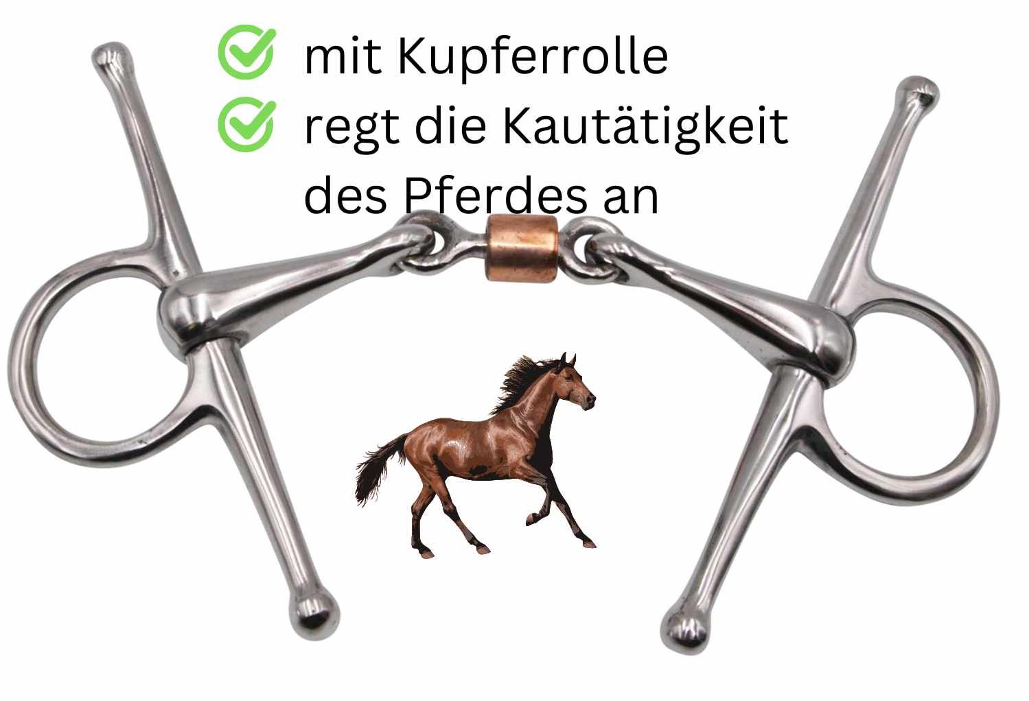 Knebeltrense mit Kupferrolle. Text: Regt die Kautätigkeit des Pferdes an. Pferd im Hintergrund.