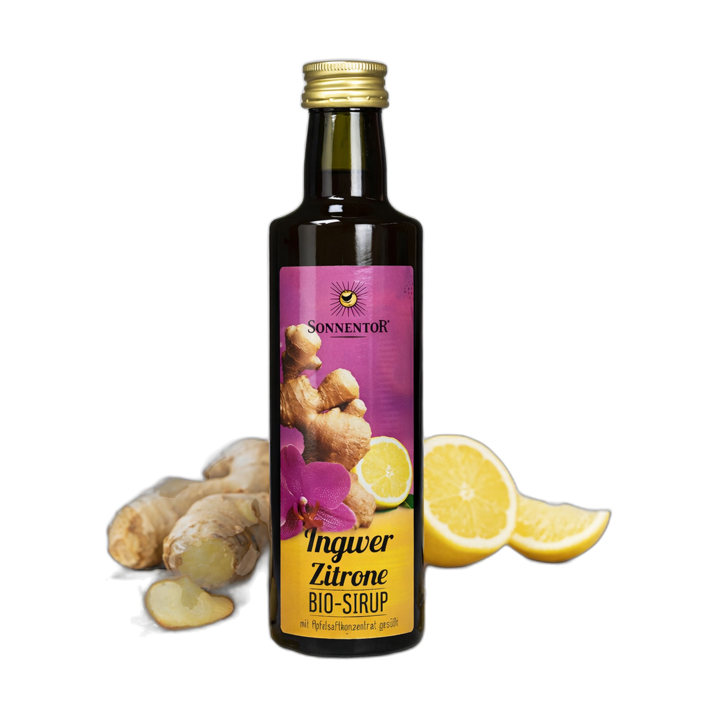 Flasche Bio Ingwer Zitrone Sirup mit Ingwerwurzeln und Zitronenscheiben.