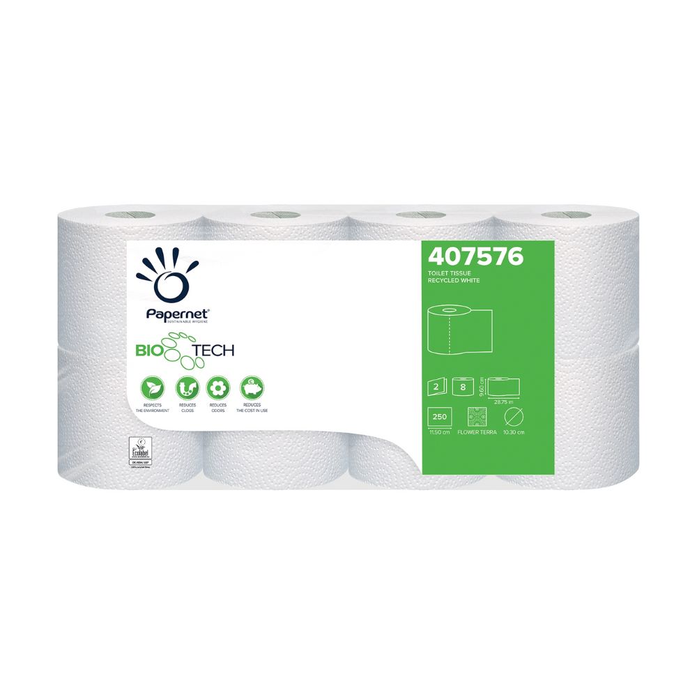 Packung Toilettenpapier. Marke Papernet. Weiße Rollen, 2-lagig. Aufdruck mit Produktnummer und Zertifizierungen.