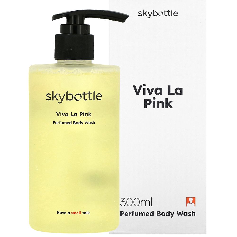 SKYBOTTLE Viva La Pink Duschgel-Flasche mit Verpackung. Text: Viva La Pink, Perfumed Body Wash. Aufschrift: 300ml. Schwarzer Spender.