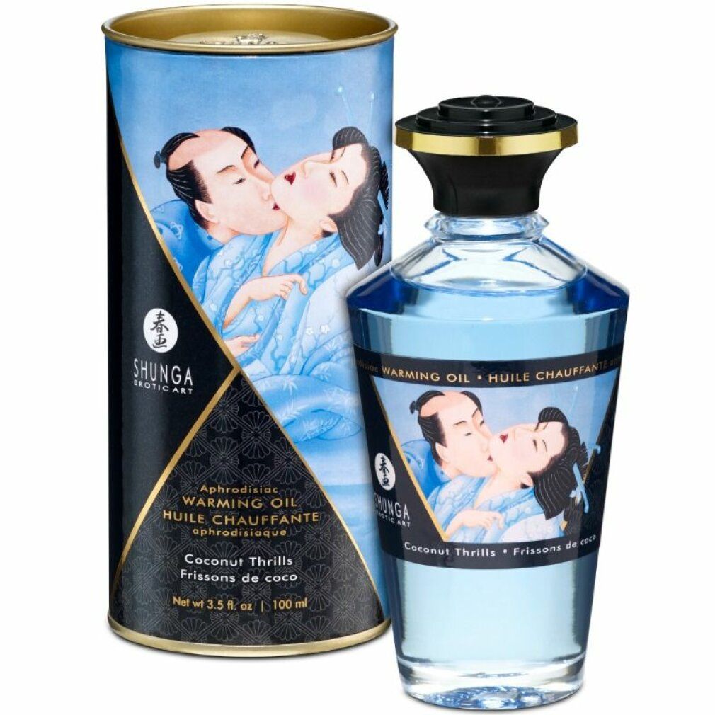 Zylindrische Dose und Flasche mit blauem Öl. Aufschrift: Shunga, Warming Oil, Coconut Thrills.