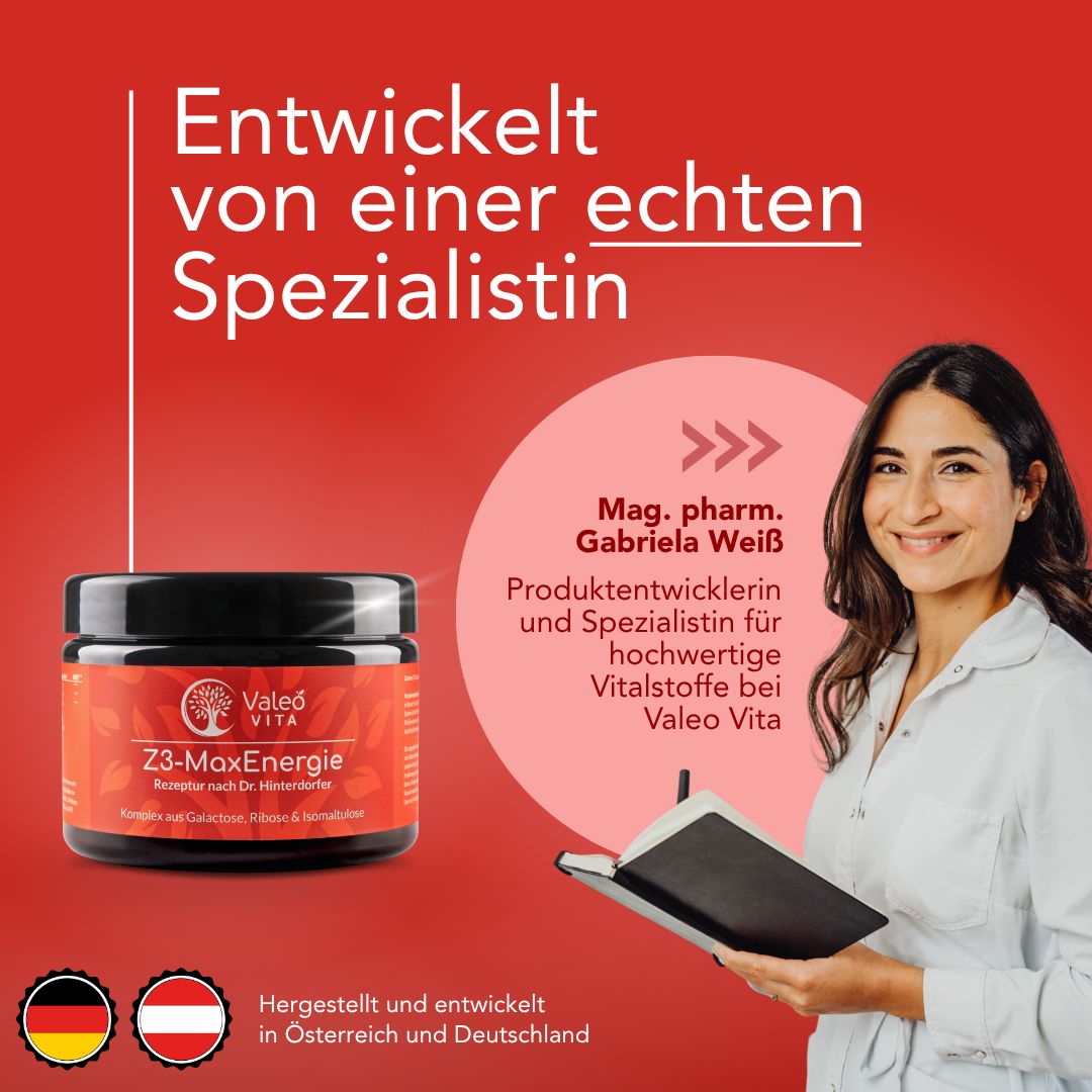 Produkt neben Frau mit Notizbuch. Text: Entwickelt von einer echten Spezialistin. Mag. pharm. Gabriela Weiß. Hergestellt in Österreich und Deutschland.