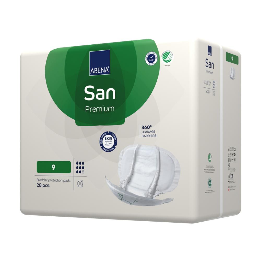 ABENA San Premium Vorlagen 9, Packung mit 28 Stück. Sichtbar: Logo, 360° Auslaufbarrieren, Hautschutz. Grün-weiße Verpackung.