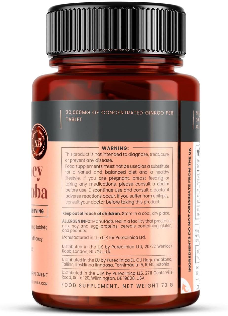 Braune Flasche mit Ginkgo Biloba Tabletten. Rückseite mit Text: Warnhinweise, Inhaltsstoffe, Herstellerinformationen und Nettogewicht.