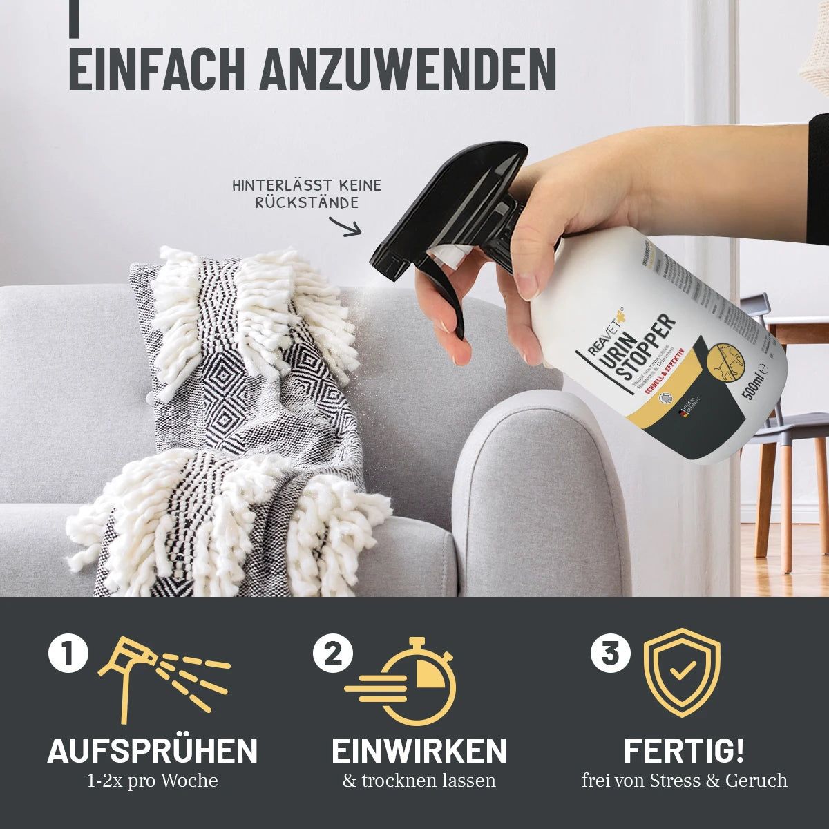 Hand sprüht auf Sofa. Text: Einfach anzuwenden. Grafiken: Aufsprühen, Einwirken, Fertig! Logo: 500ml.
