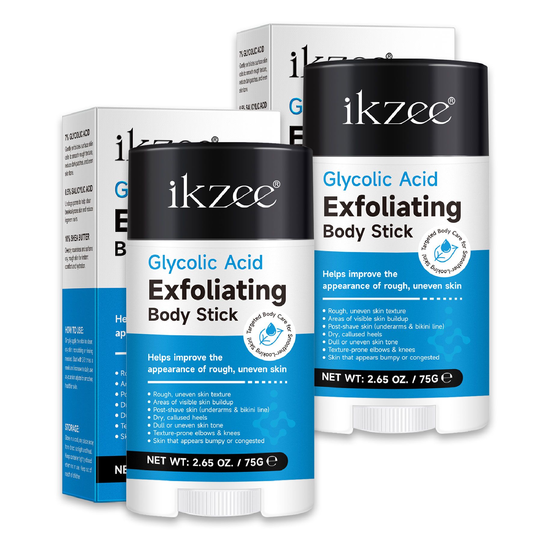 Drei weiße und blaue Stifte mit schwarzem Deckel. Aufschrift: Glykolsäure Exfoliating Body Stick. Verpackung mit Produktinformationen.