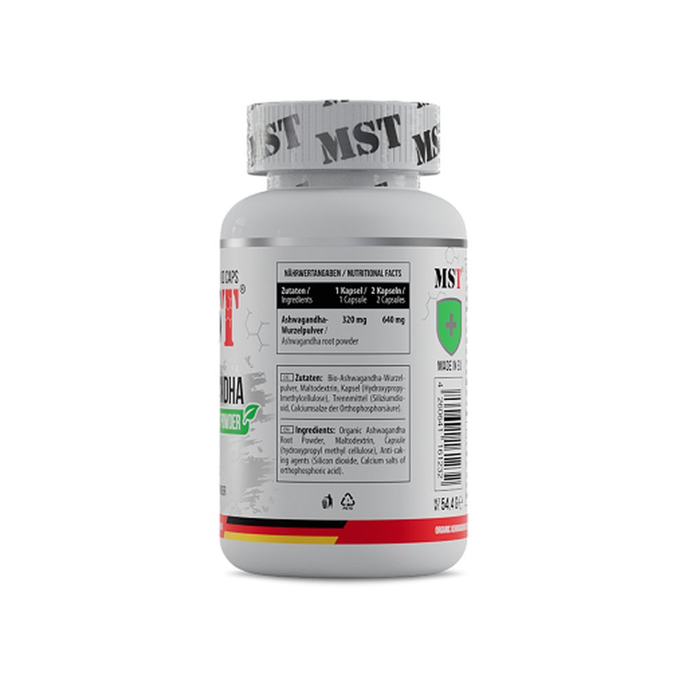 Weiße Kapsel-Dose mit rotem und grünem Etikett. Aufschrift: MST Ashwagandha. Enthält 640 mg Ashwagandha pro 2 Kapseln.