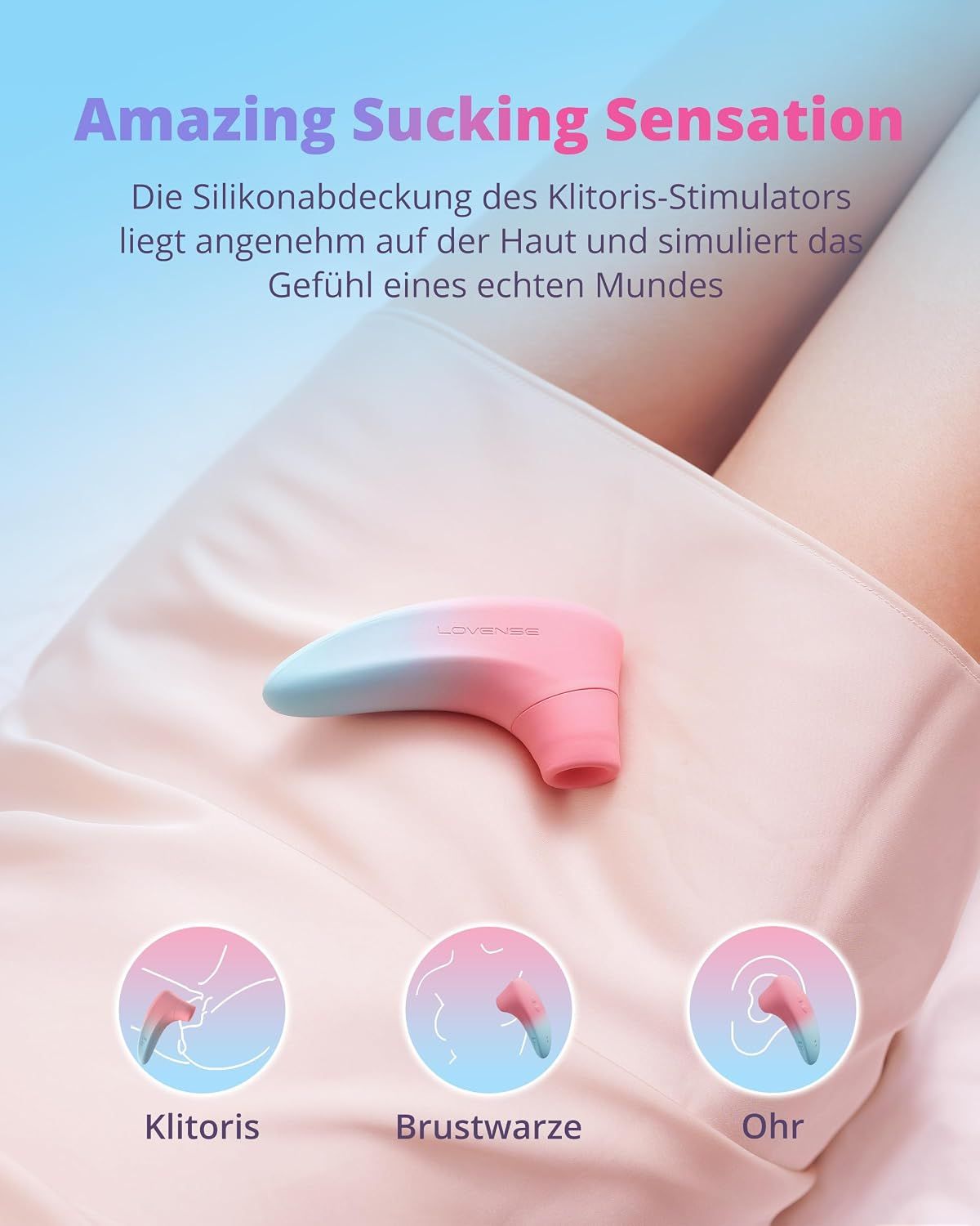 Rosa und türkisfarbener Klit-Stimulator aus Silikon mit Saugfunktion.