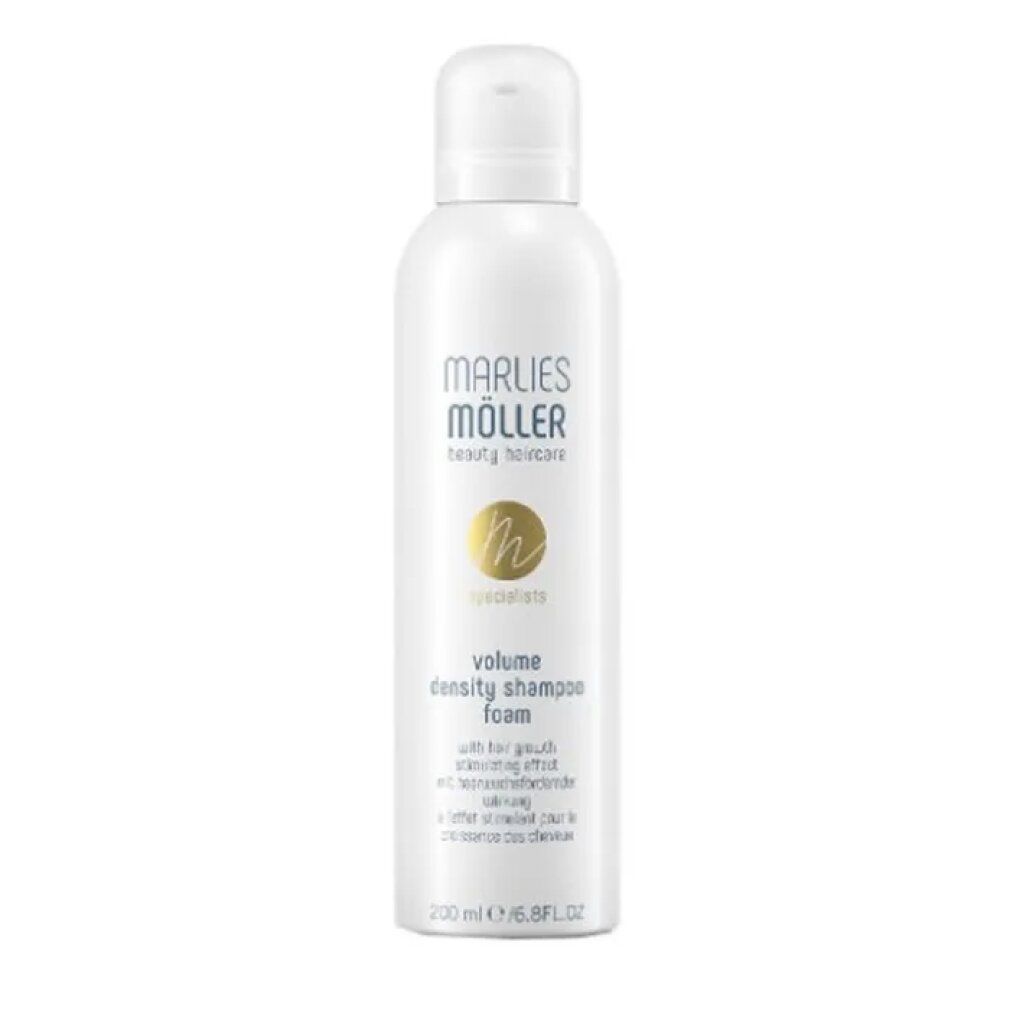 Weiße Flasche Marlies Möller Volume Density Shampoo Foam. Text in Deutsch, Englisch und Französisch. Mit Pumpkopf.