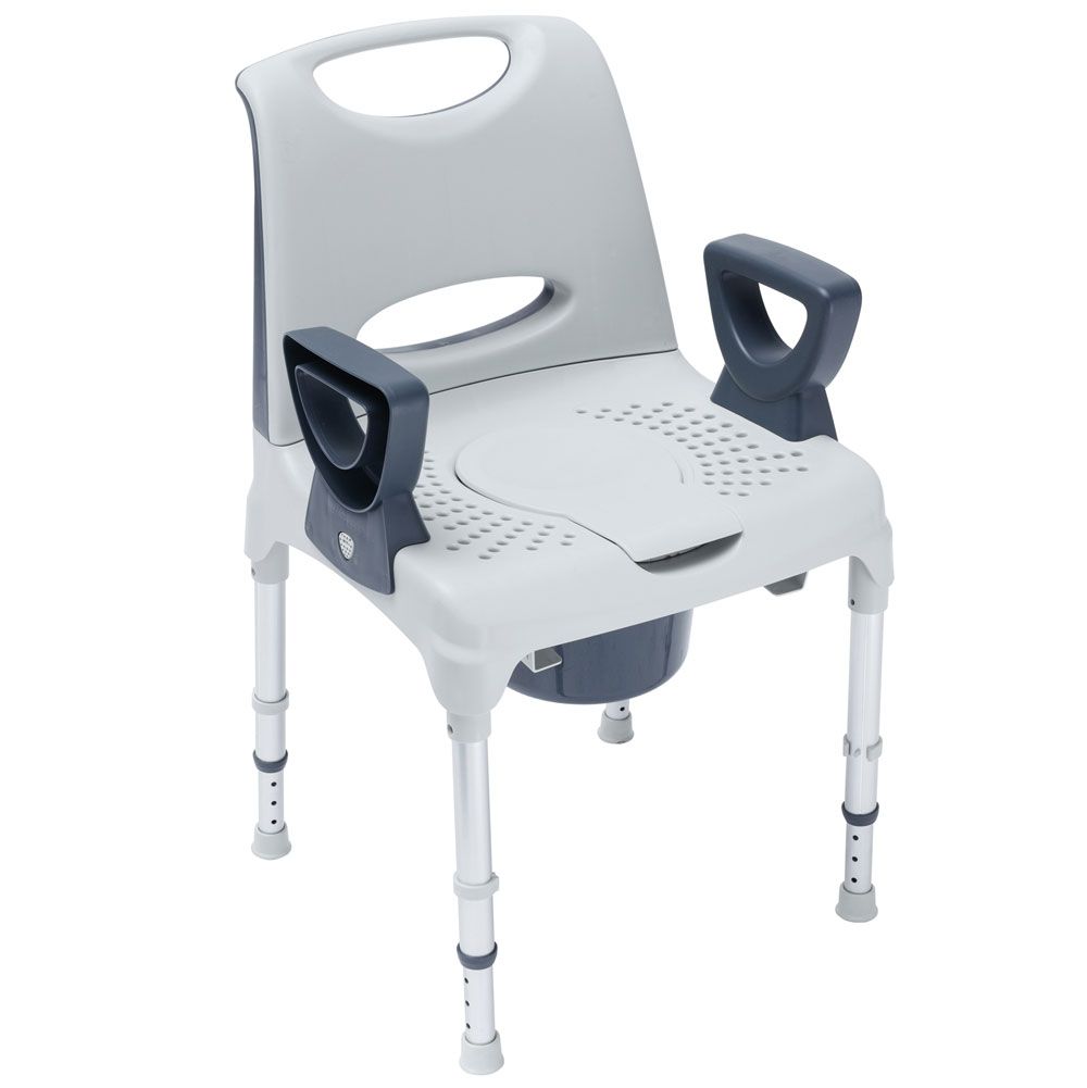 Dusch- und Toilettenstuhl mit Rückenlehne, Armlehnen und Eimer. Höhenverstellbare Beine. Graue Sitzfläche und Rückenlehne, dunkelgraue Armlehnen.