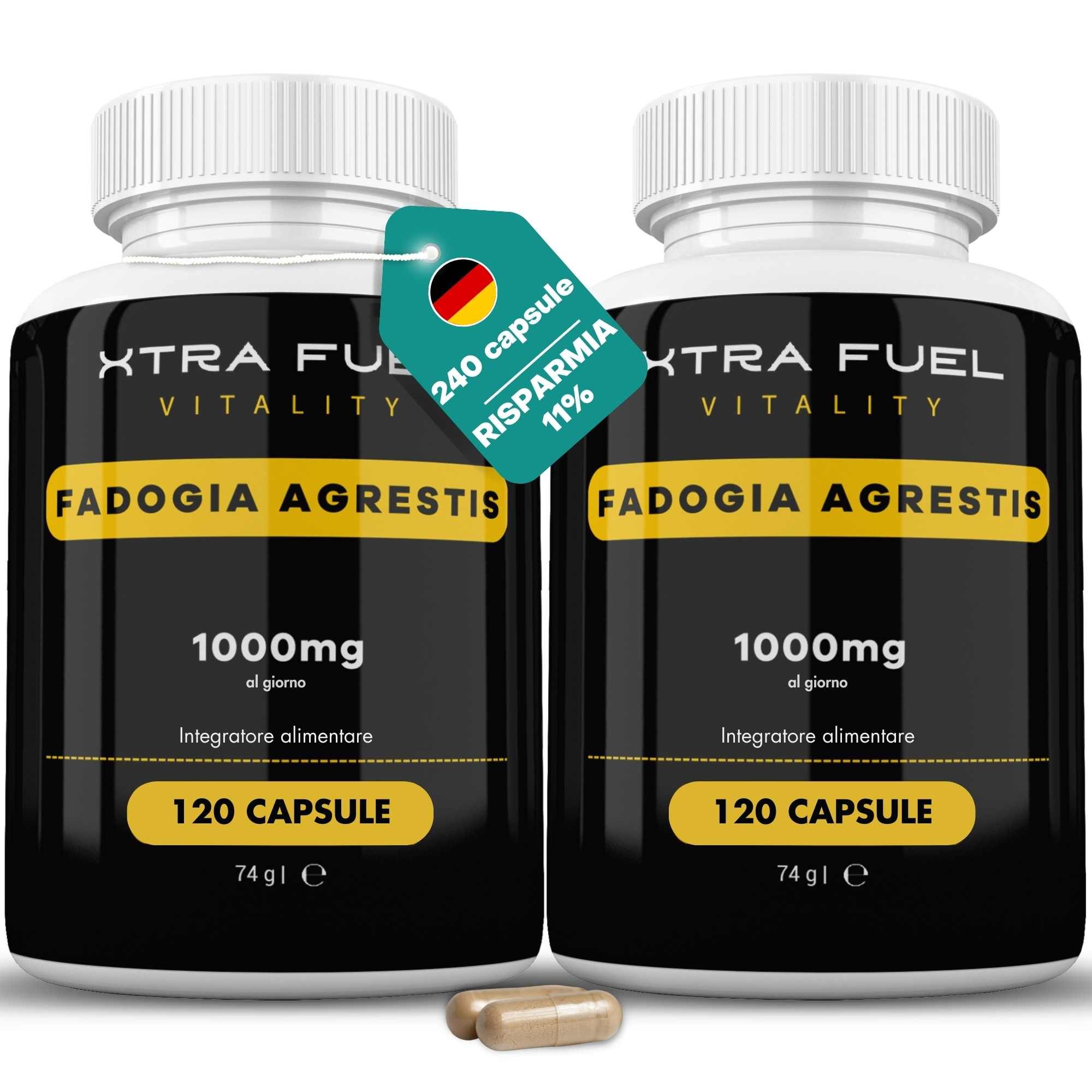 Zwei Flaschen XTRA FUEL Fadogia Agrestis Kapseln. Schwarze Etiketten, weiße Deckel. 120 Kapseln, 1000mg. Sparangebot.