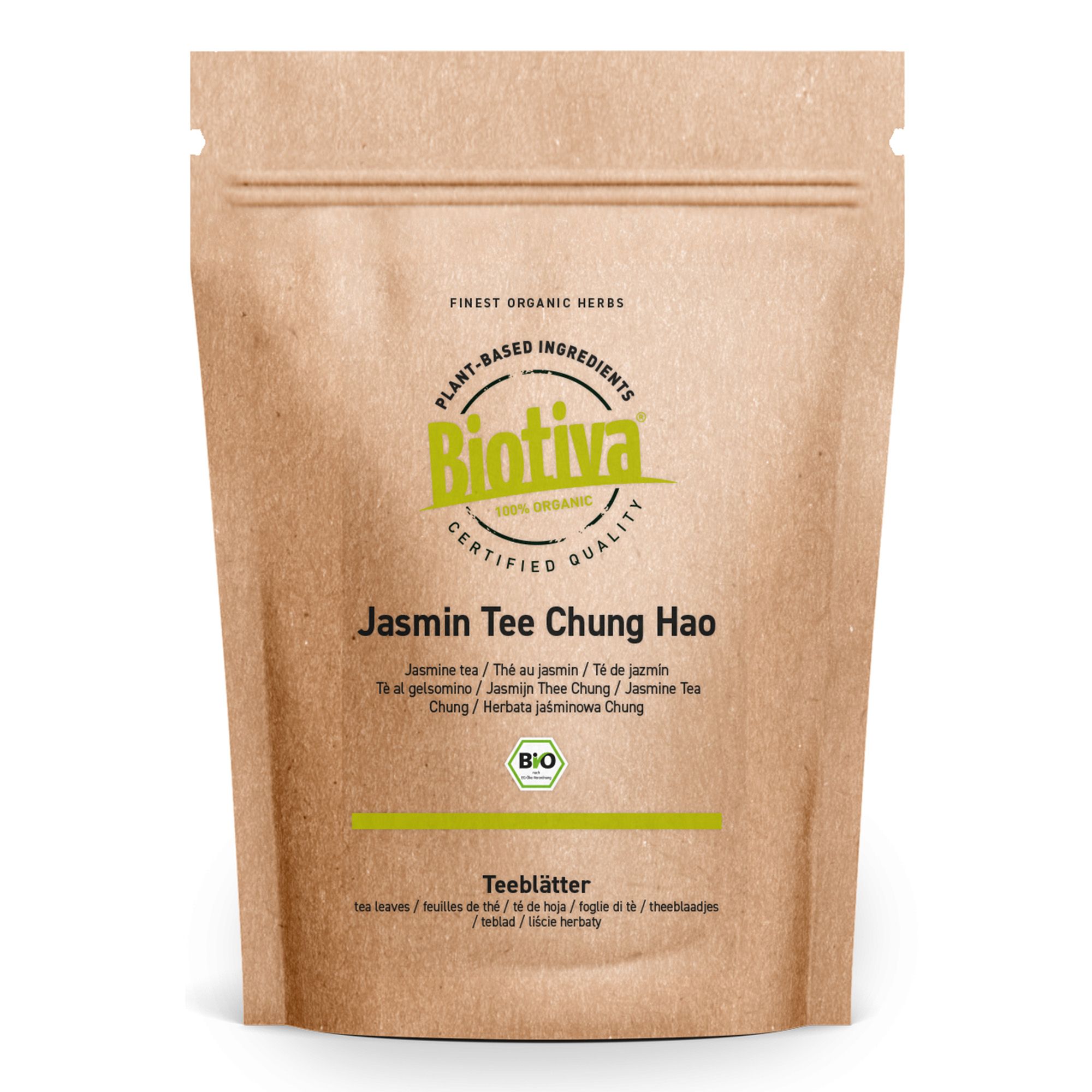 Braune Papierverpackung. Text: Jasmin Tee Chung Hao, Finest Organic Herbs, Bio-Siegel, Teeblätter, Biotiva.