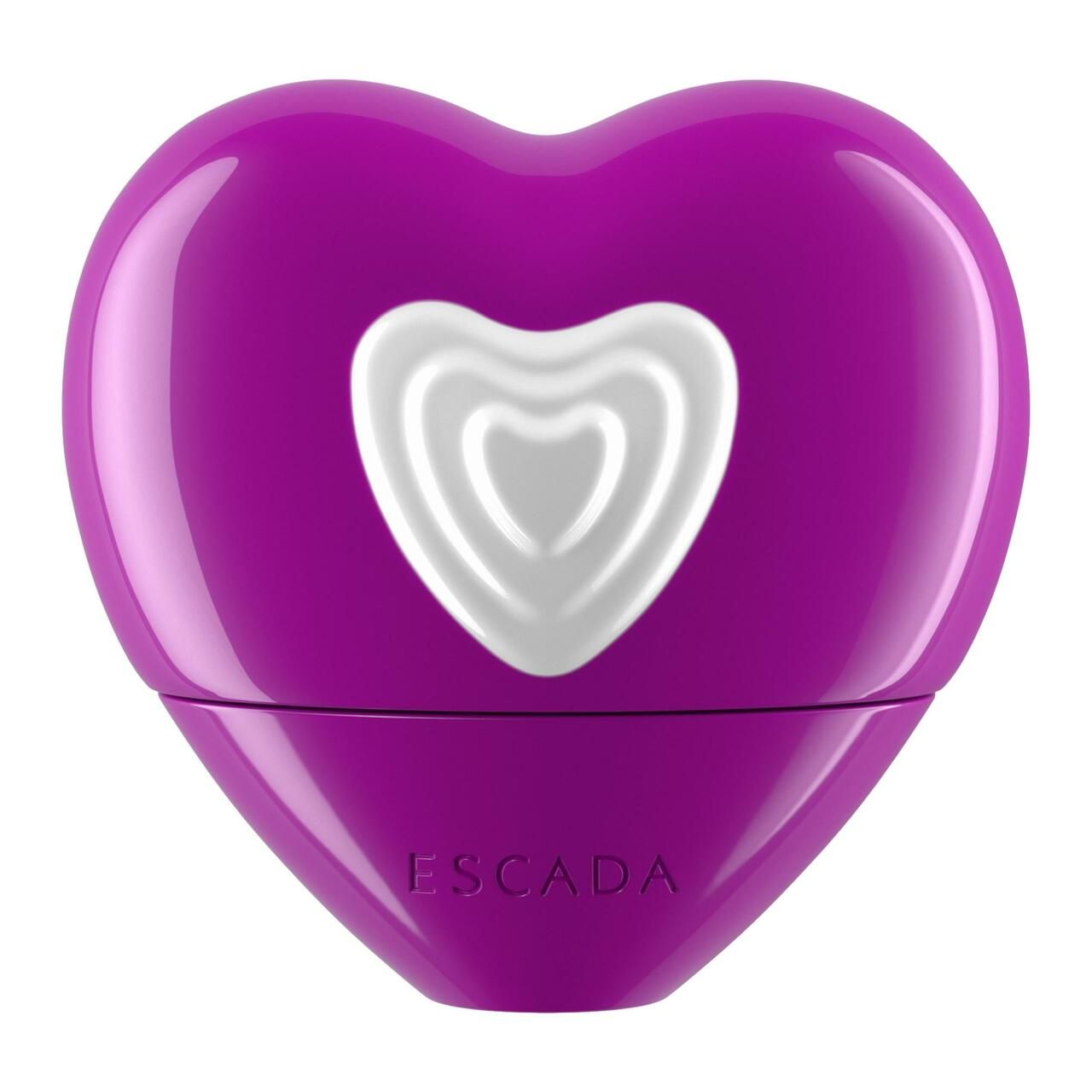 Lila herzförmiger Flakon mit weißem Herz-Design. Escada-Logo unten.