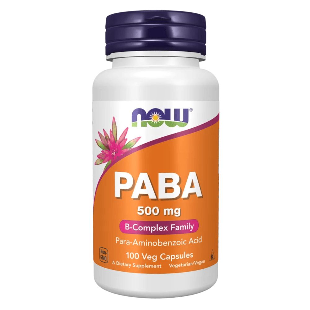 Weiße Flasche mit lila Deckel. Aufkleber mit orangefarbenem Hintergrund, Text: PABA 500 mg, B-Komplex Family, 100 Veg Capsules.