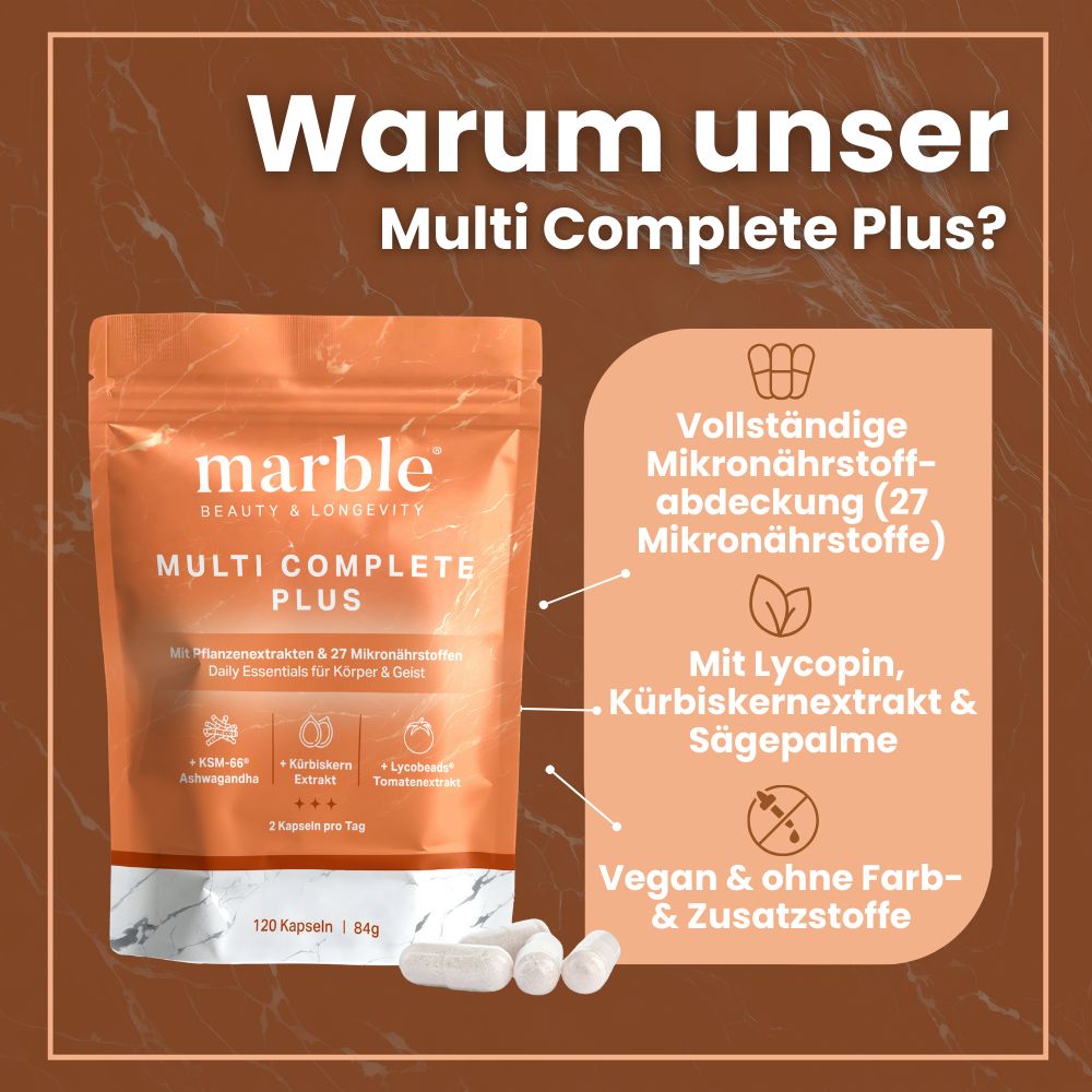 Beutel mit Kapseln. Text: Multi Complete Plus, 27 Mikronährstoffe, vegan, ohne Farb- und Zusatzstoffe.