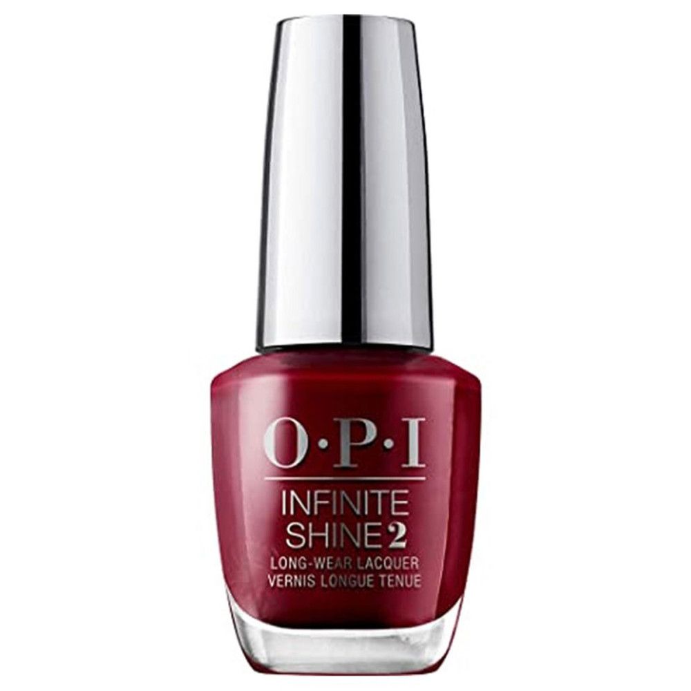 Nagellackflasche mit rotem Lack und silbernem Deckel. OPI Infinite Shine 2.