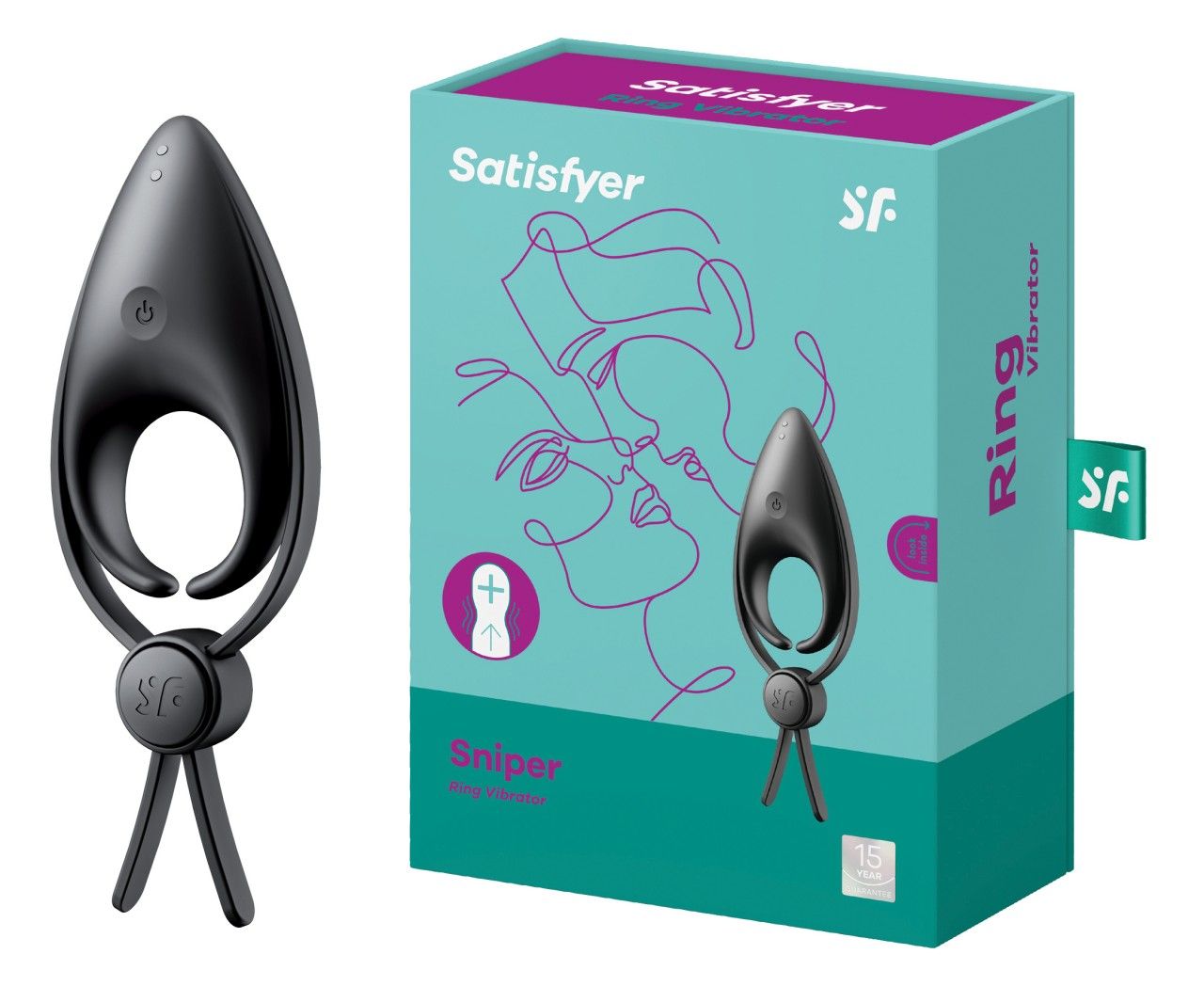 Ringvibrator und Verpackung. Marke Satisfyer. Ringvibrator schwarz, tropfenförmig. Verpackung mit Aufschrift "Sniper" und "Ring Vibrator".