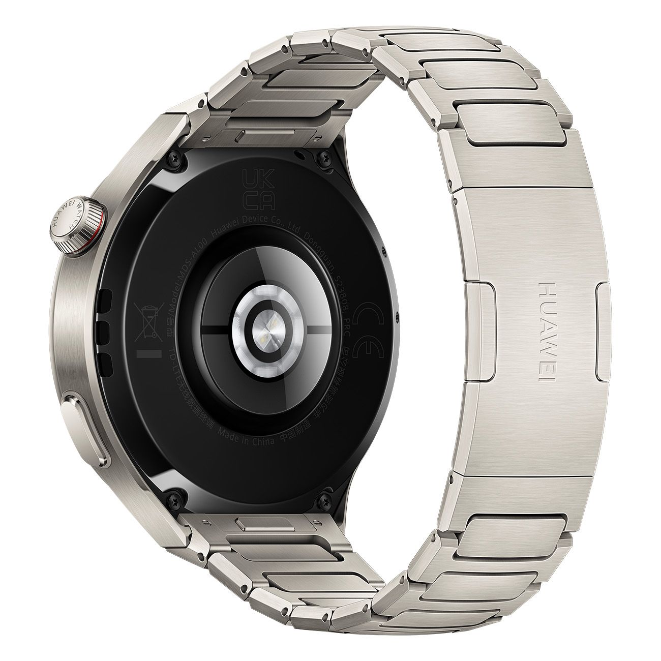 Rückseite einer Smartwatch mit Metallarmband. Sensoren und Markierungen auf der Rückseite. Silbernes Gehäuse.