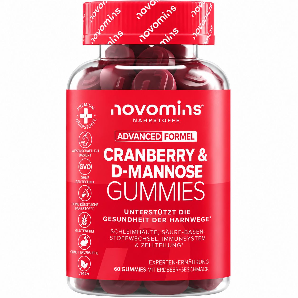 Flasche mit Novomins Cranberry & D-Mannose Gummies, 60 Stück.