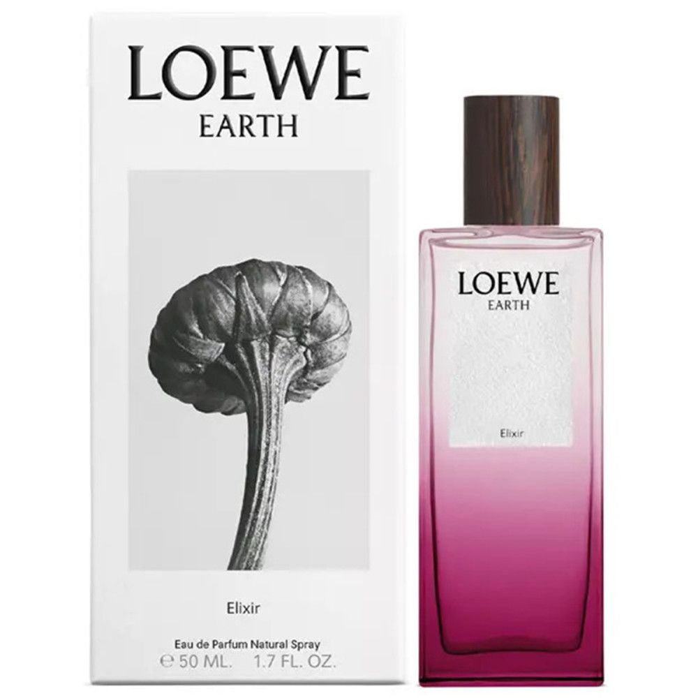 Loewe Earth Elixir Eau de Parfum Flakon und Verpackung. Flakon mit Holzdeckel, Verpackung mit Logo und Abbildung.