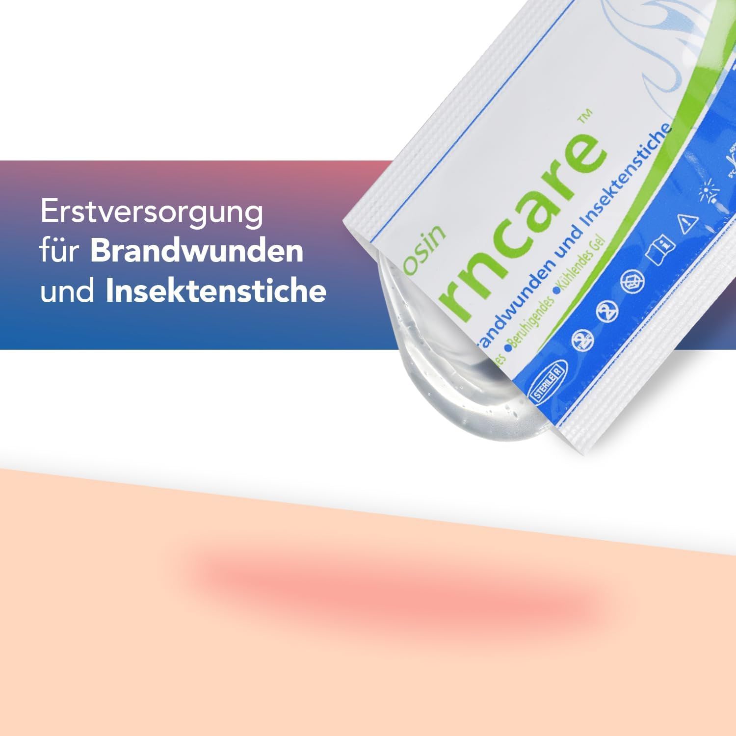 Einzelpackung Gel für Brandwunden und Insektenstiche. Gel tropft aus der Ecke. Text: Erstversorgung.