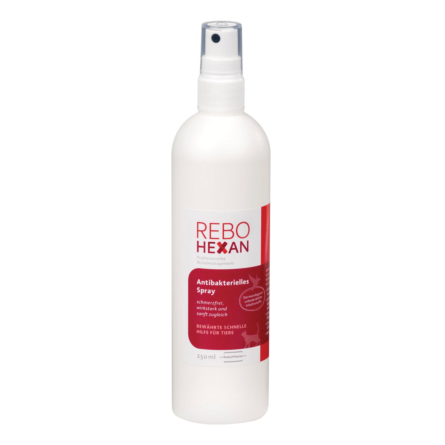 Weiße Sprühflasche mit rotem Etikett, REBOHEXAN Antibakterielles Spray.