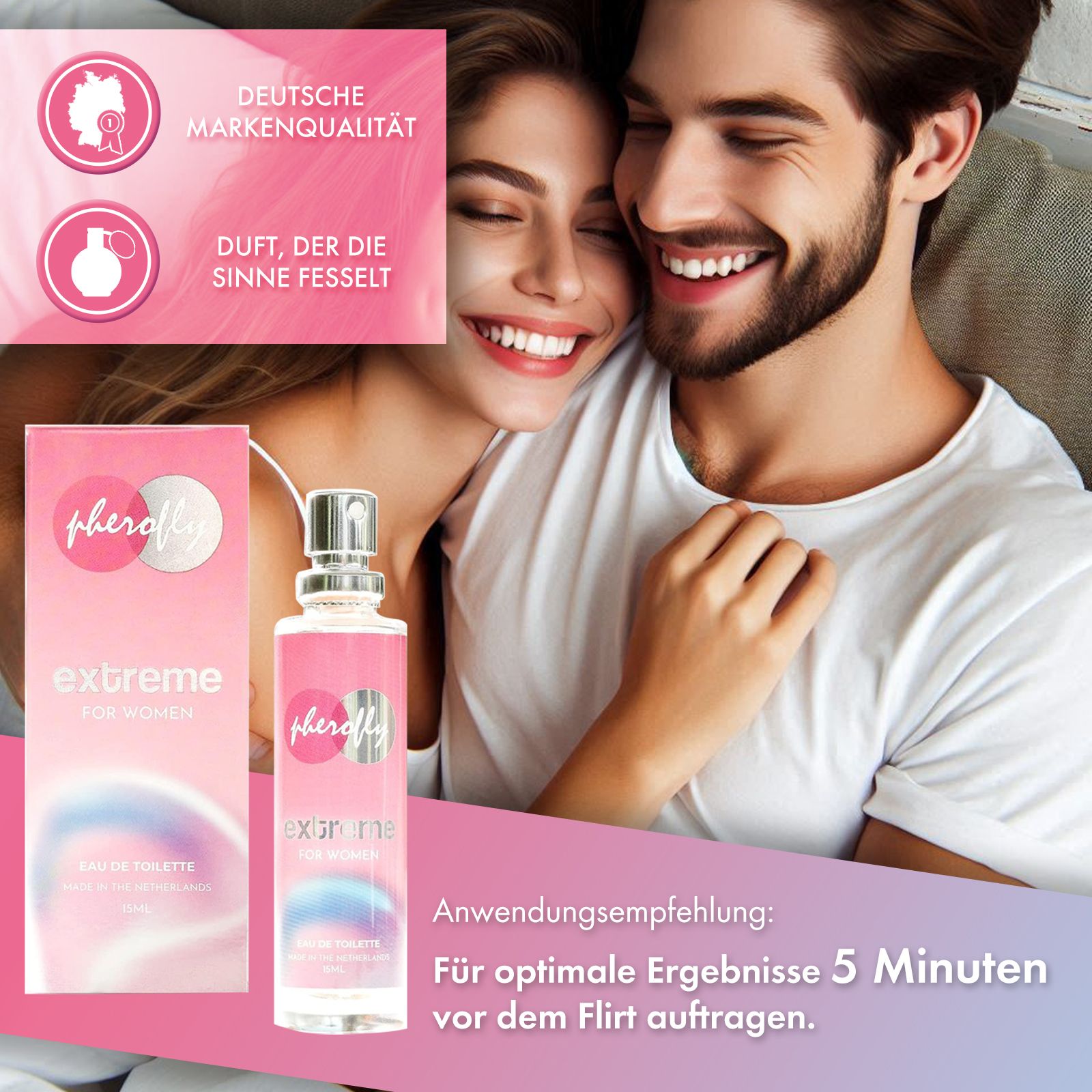 Pherofly Extreme Flakon und Verpackung. Aufschrift: Extreme for Women. Anwendungsempfehlung: 5 Minuten vor dem Auftragen.